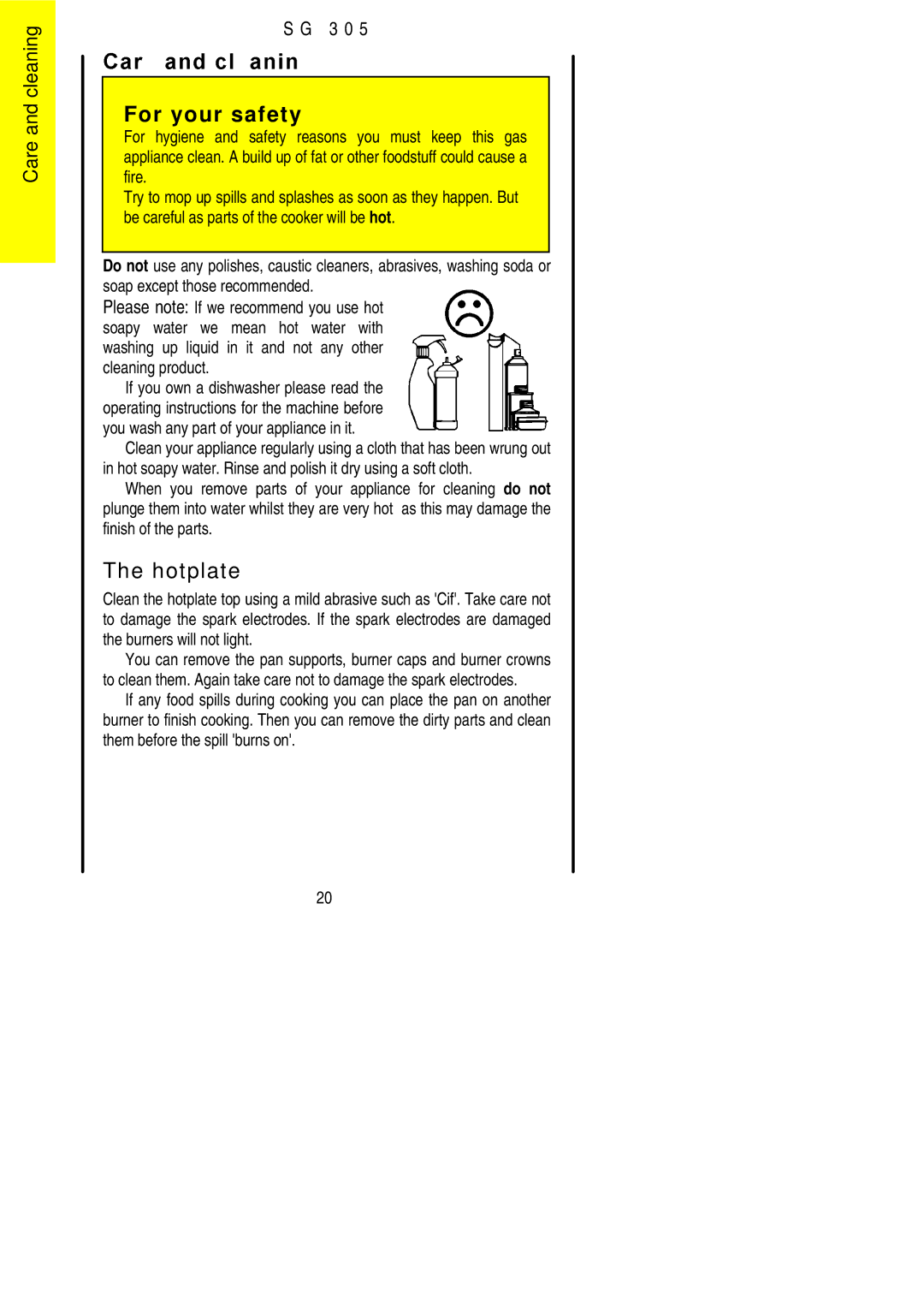 Electrolux SG305 installation instructions Care and cleaning 