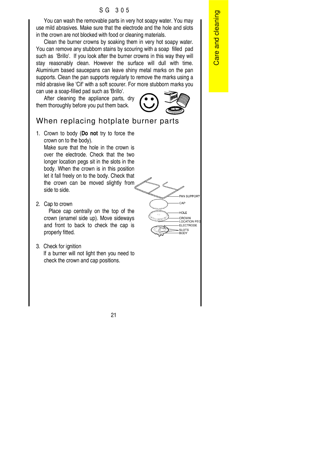 Electrolux SG305 When replacing hotplate burner parts, Crown to body Do not try to force the crown on to the body 