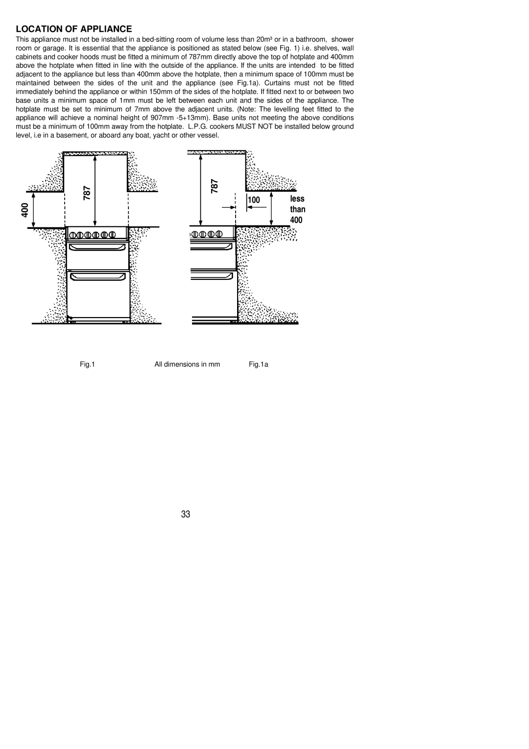 Electrolux SG305 installation instructions Location of Appliance 