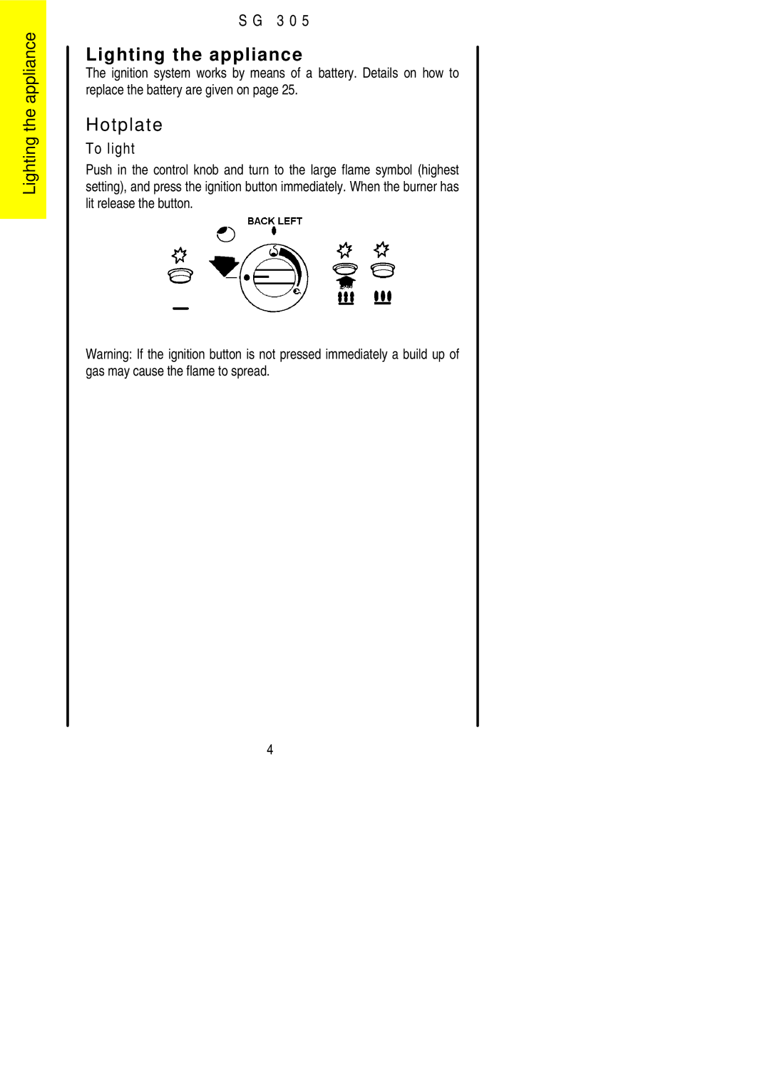 Electrolux SG305 installation instructions Lighting the appliance, Hotplate 