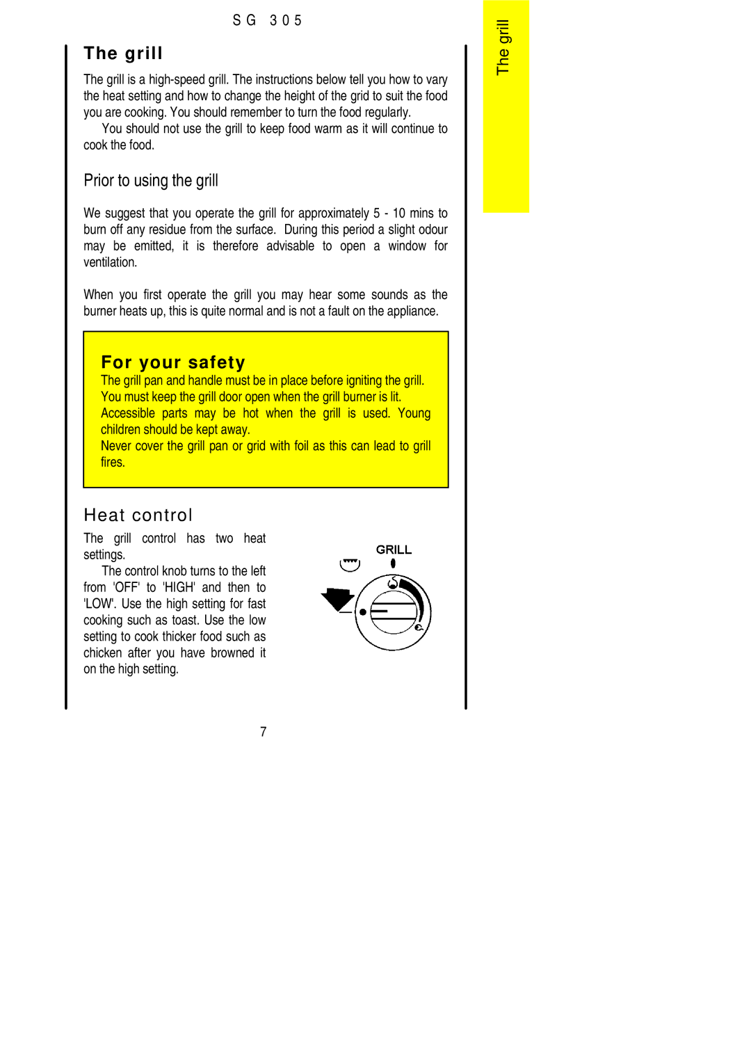 Electrolux SG305 installation instructions Prior to using the grill, Heat control, Grill control has two heat settings 