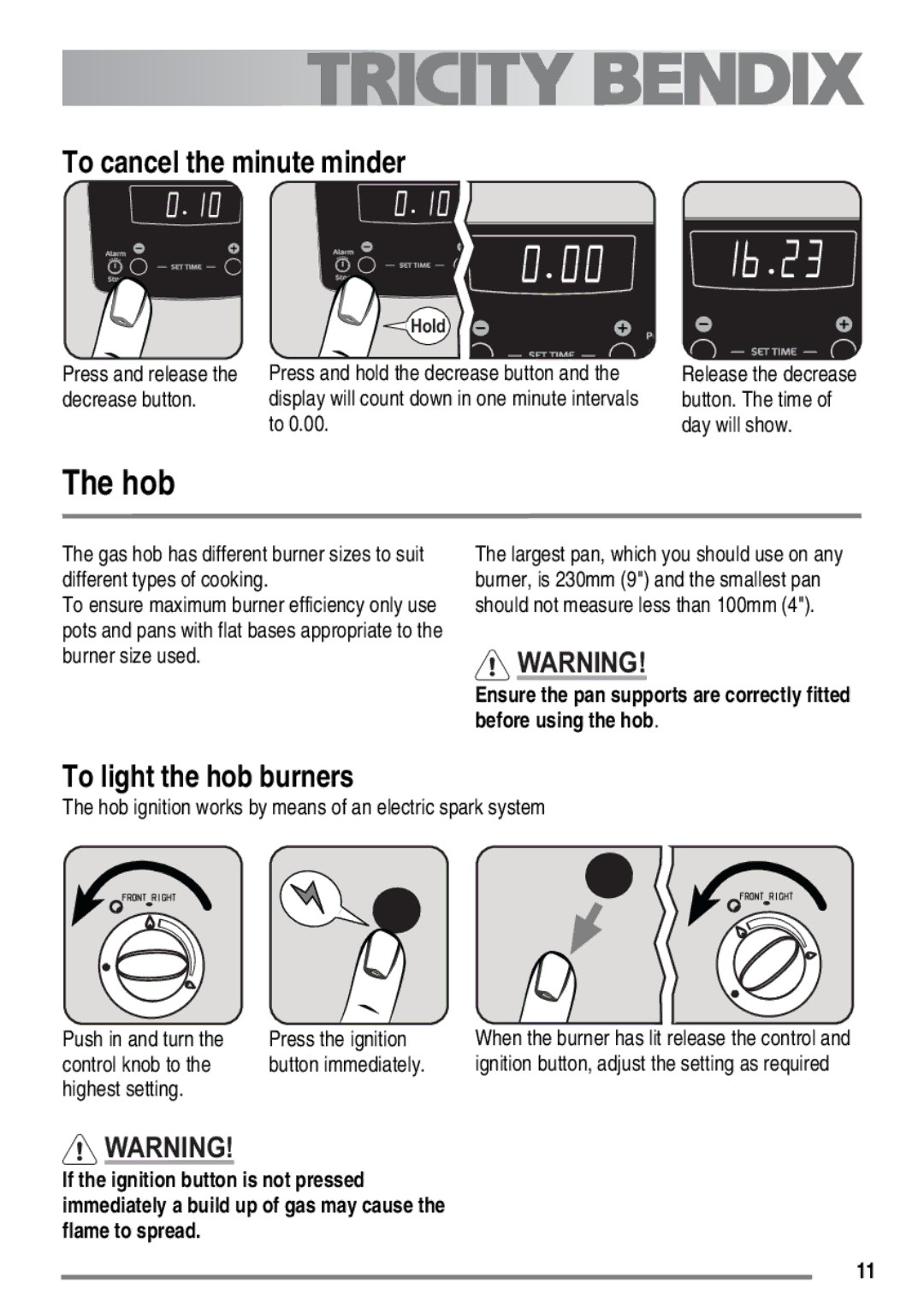 Electrolux SG558 user manual Hob, To cancel the minute minder, To light the hob burners, Control knob to Button immediately 