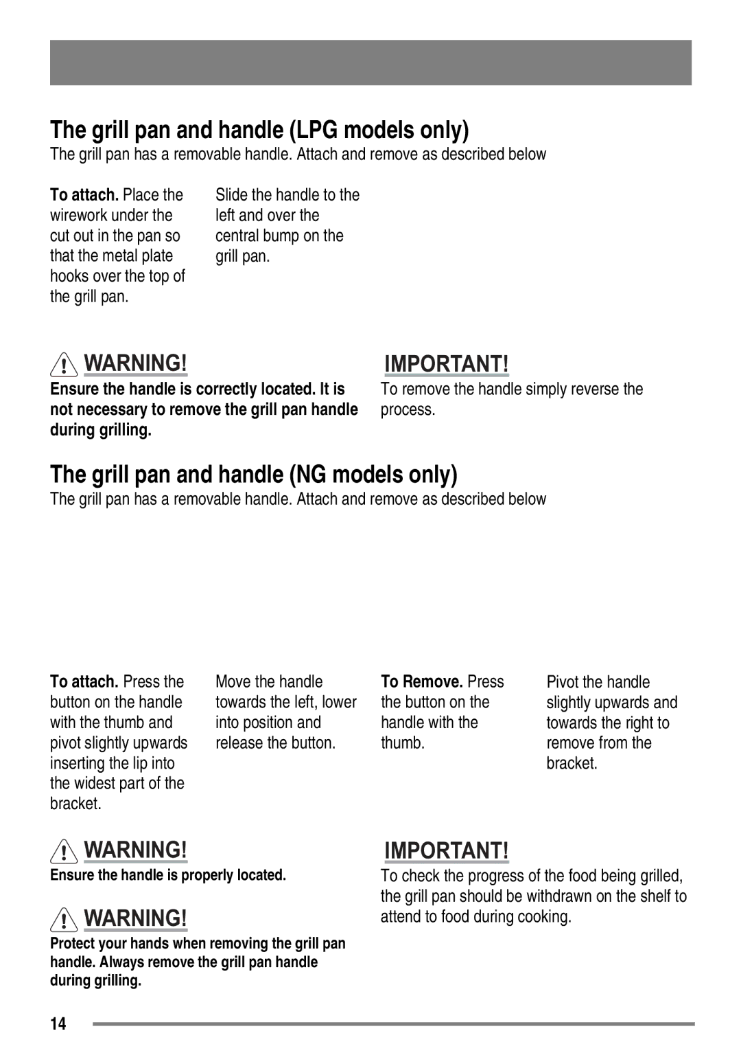 Electrolux SG558 user manual Grill pan and handle LPG models only, Grill pan and handle NG models only 