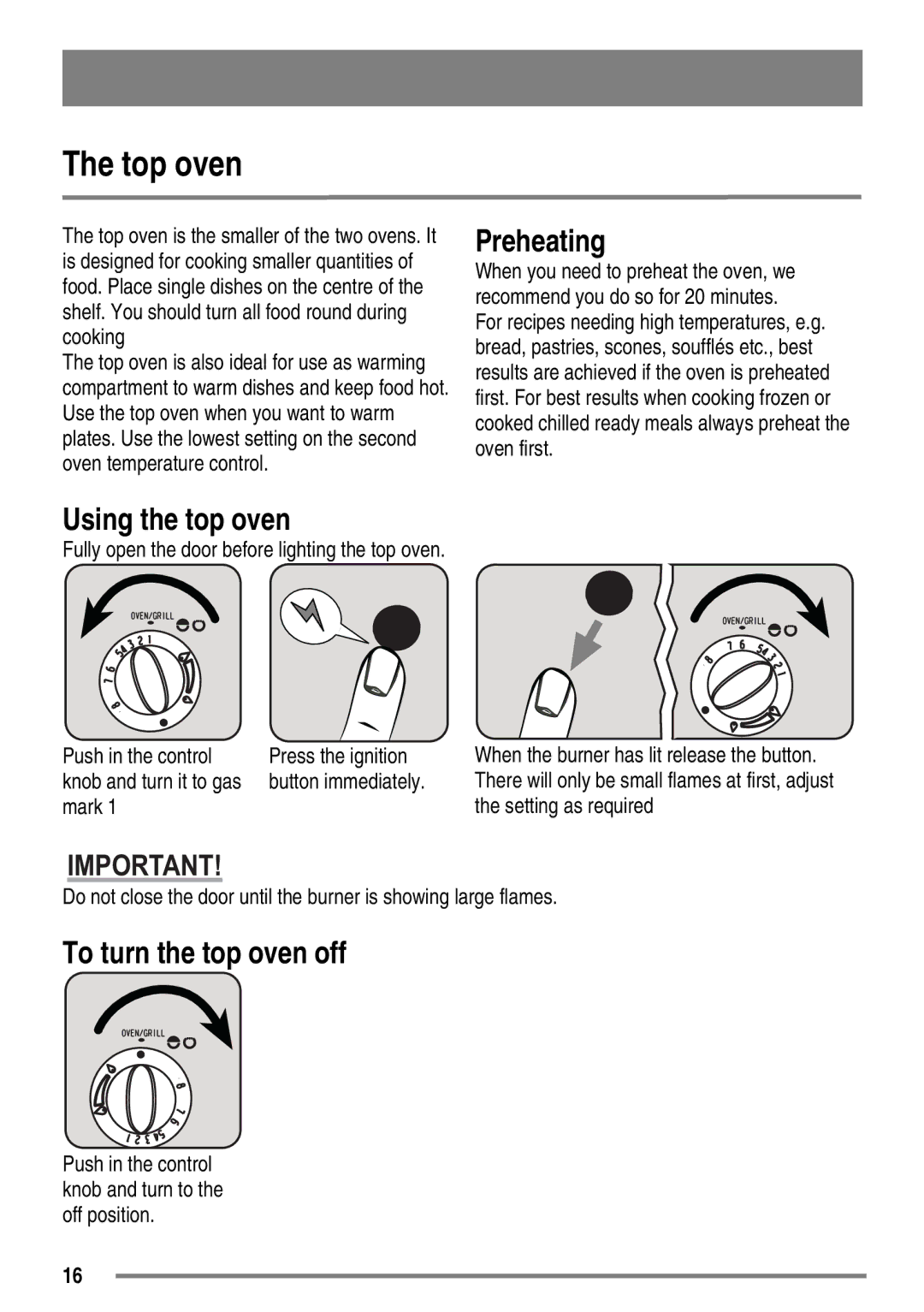 Electrolux SG558 user manual Top oven, Preheating, Using the top oven, To turn the top oven off 