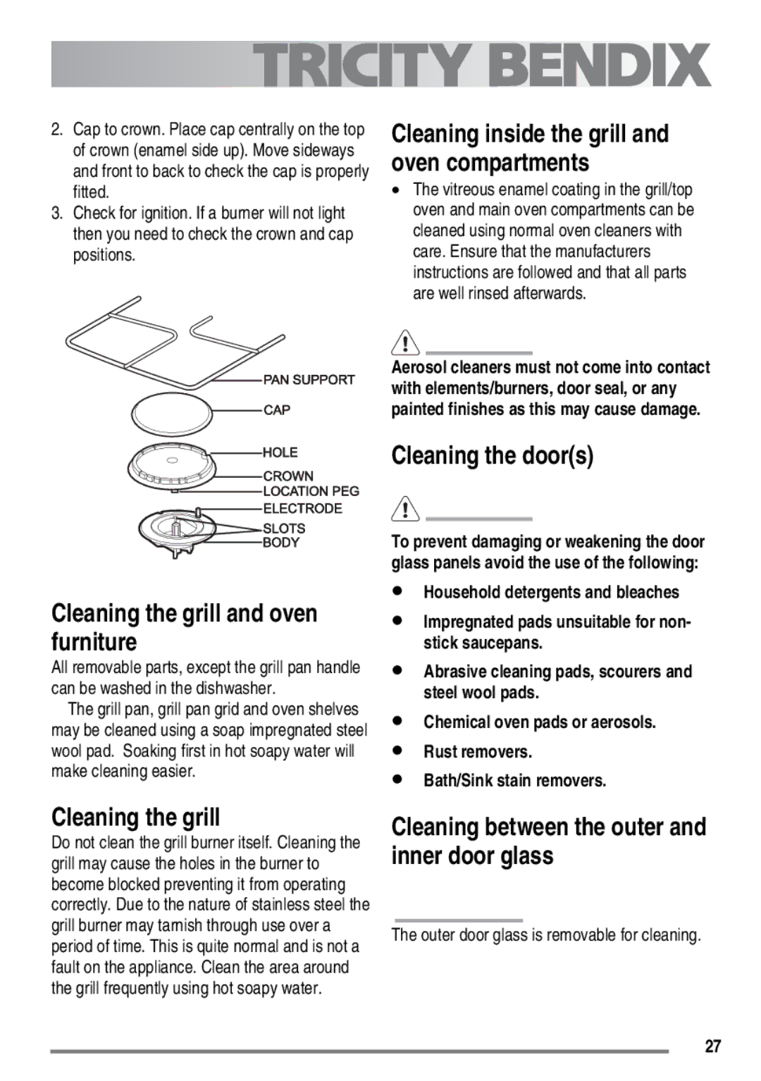 Electrolux SG558 Cleaning the grill and oven furniture, Cleaning the doors, Outer door glass is removable for cleaning 