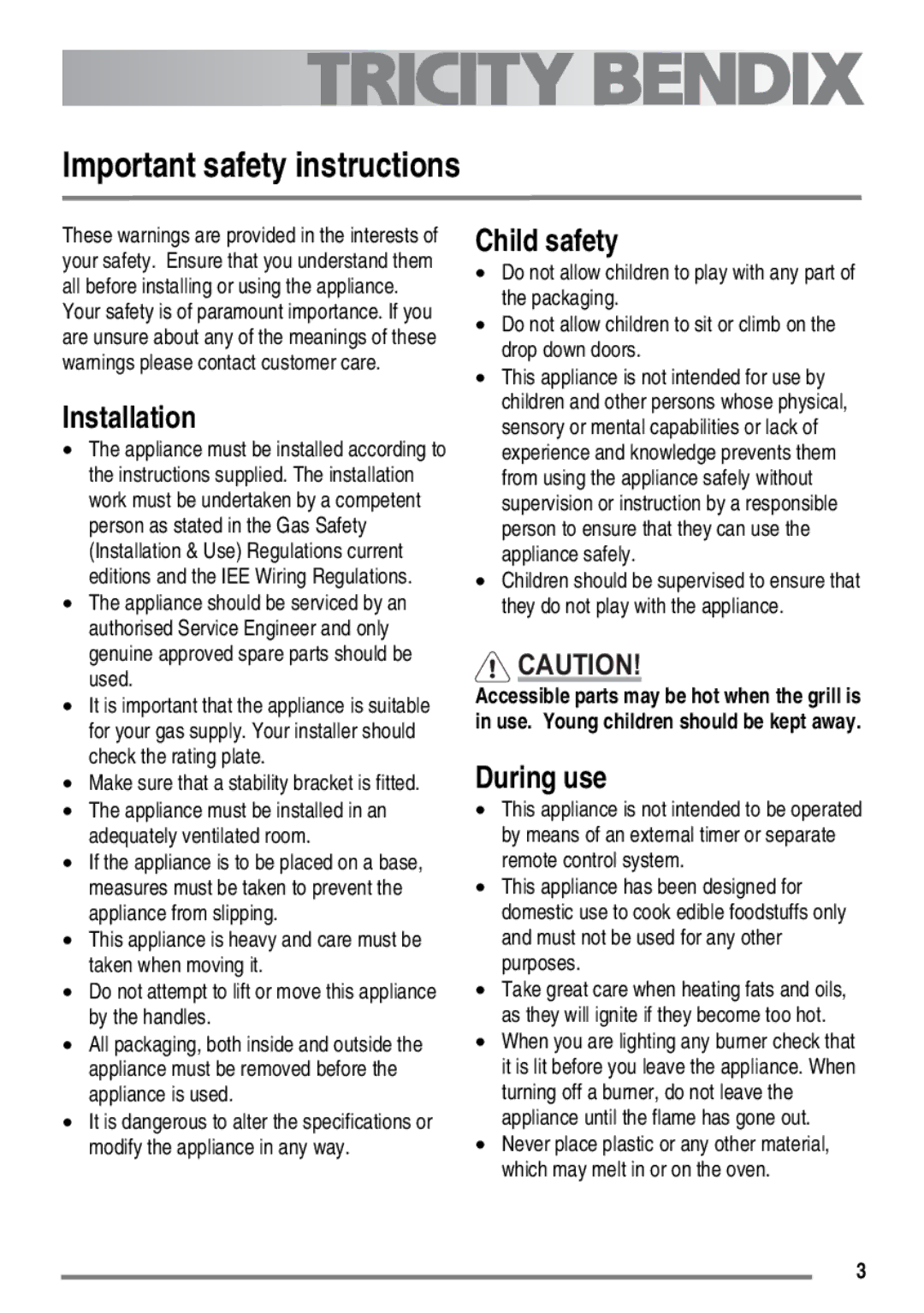 Electrolux SG558 user manual Important safety instructions, Installation, Child safety, During use 