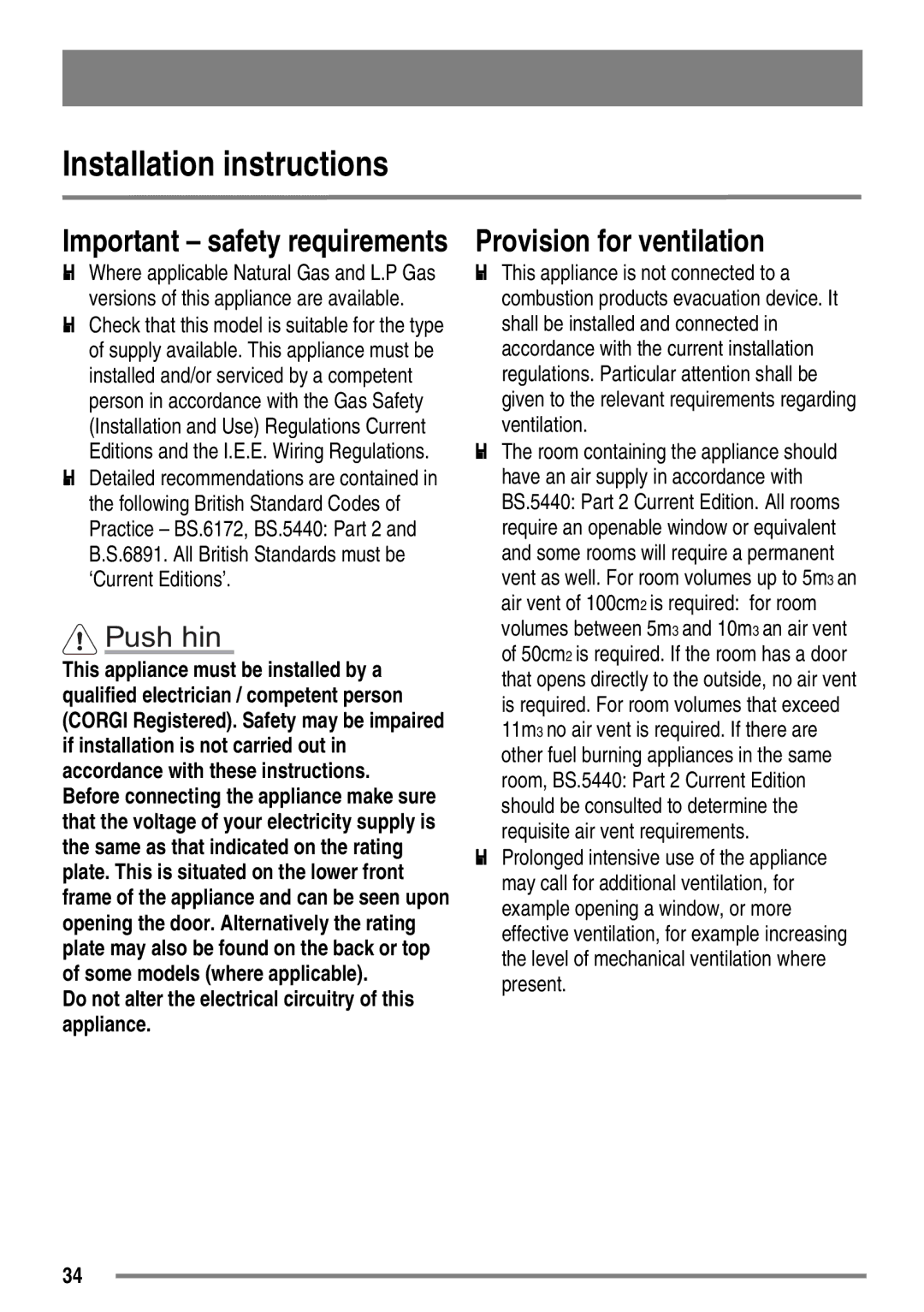 Electrolux SG558 user manual Installation instructions, Provision for ventilation 