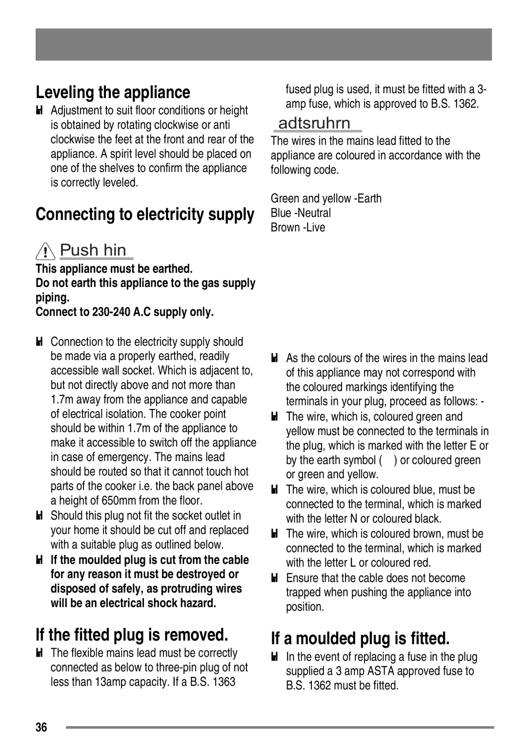 Electrolux SG558 user manual Leveling the appliance, If a moulded plug is fitted 