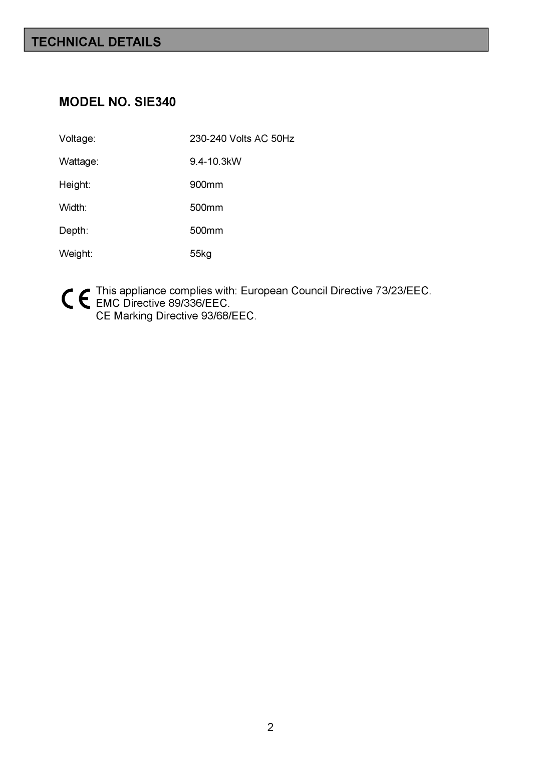 Electrolux installation instructions Technical Details Model NO. SIE340 