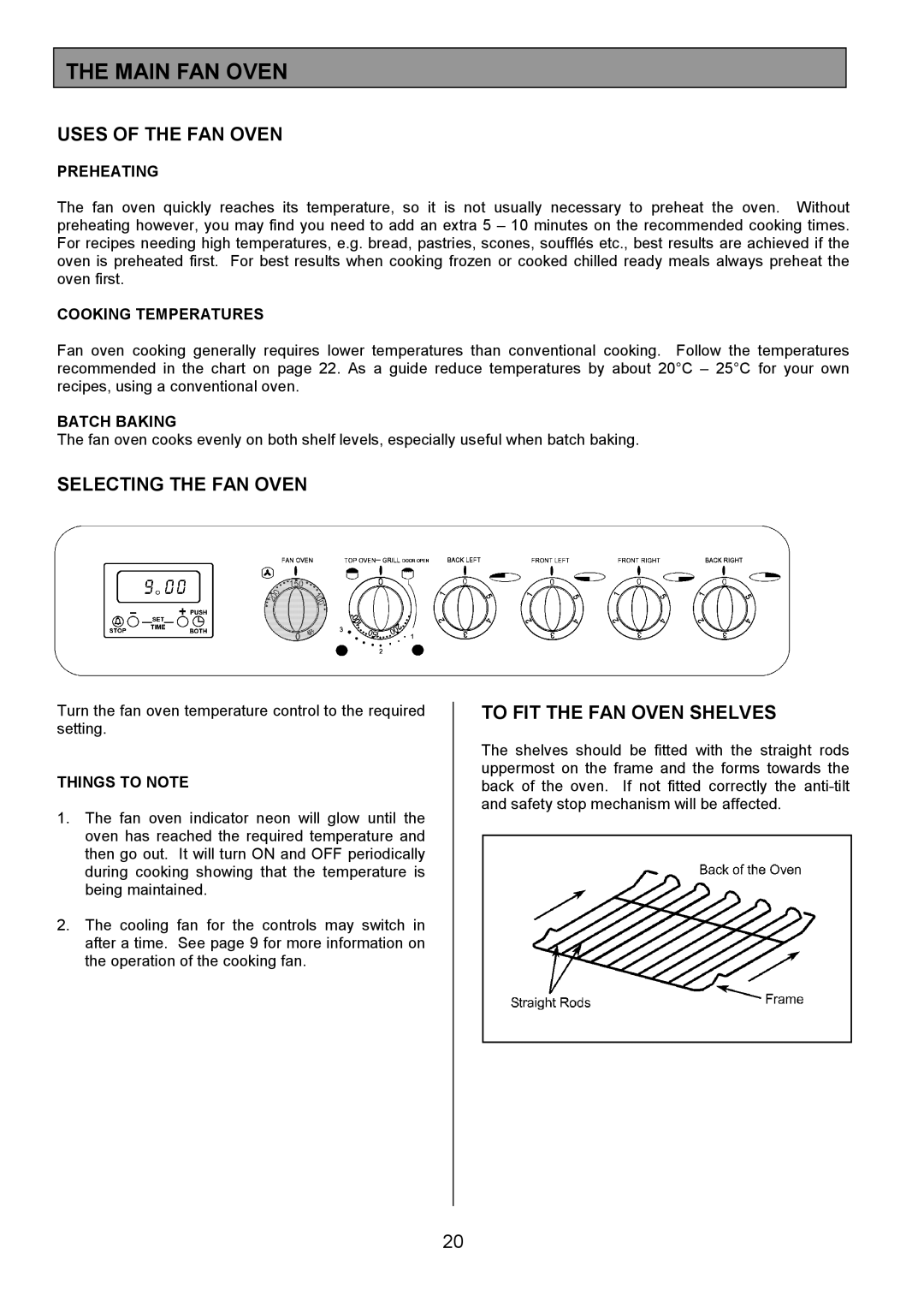 Electrolux SIE340 Main FAN Oven, Uses of the FAN Oven, Selecting the FAN Oven, To FIT the FAN Oven Shelves 