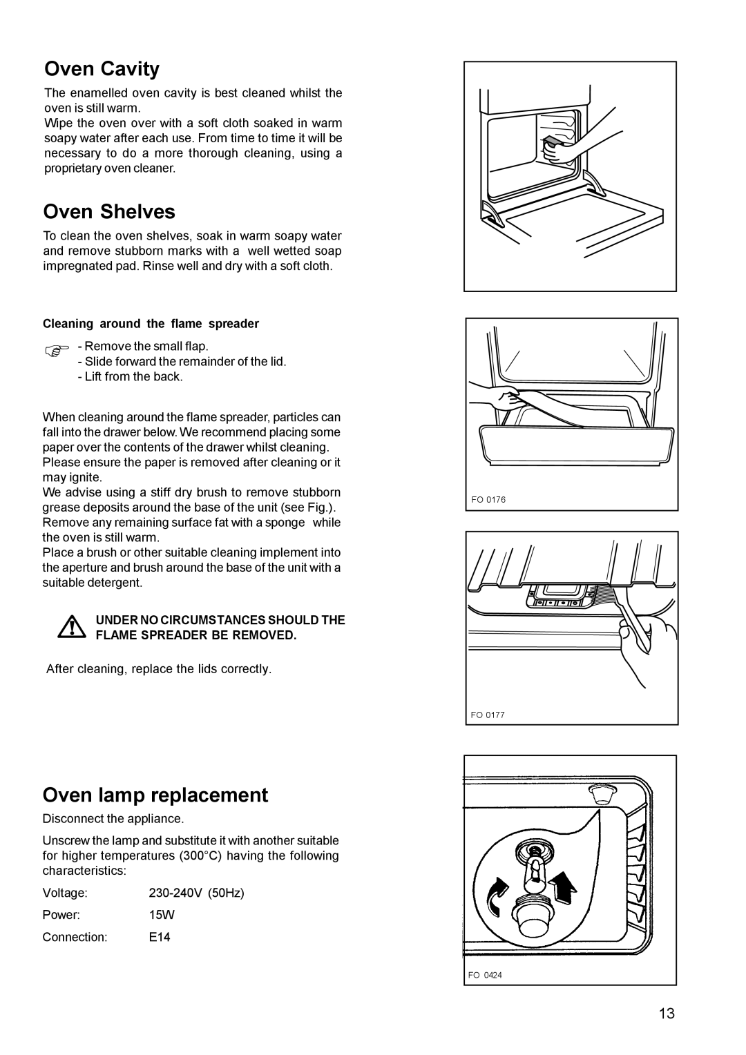 Electrolux SIG 224 G manual Oven Shelves, Oven lamp replacement 