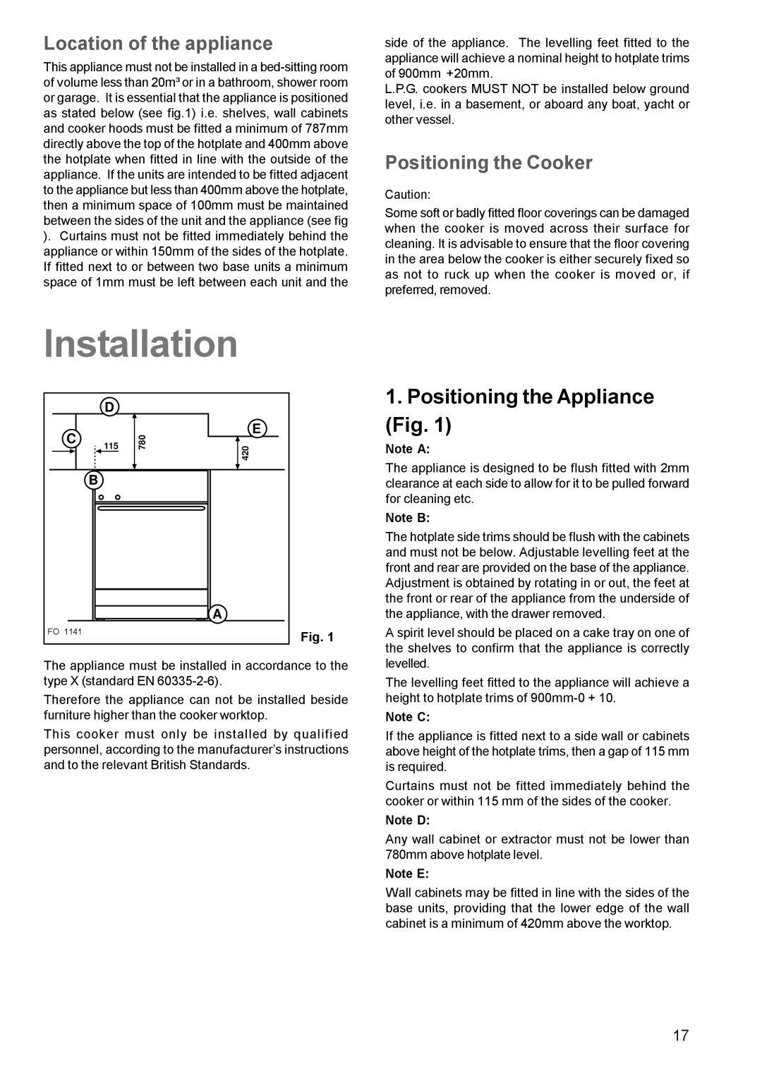 Electrolux SIG 224 G manual Positioning the Appliance Fig, Location of the appliance 