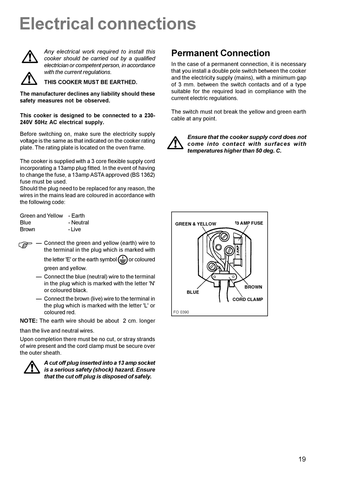 Electrolux SIG 224 G manual Electrical connections, Permanent Connection 