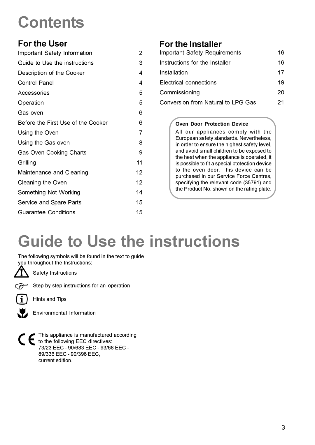 Electrolux SIG 224 G manual Contents, Guide to Use the instructions 