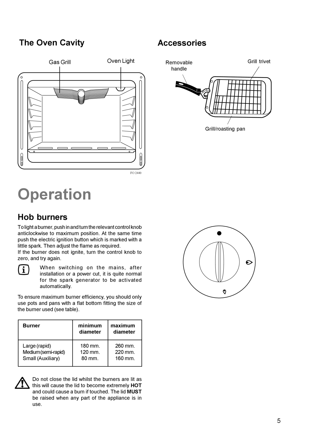 Electrolux SIG 224 G manual Operation, Oven Cavity, Hob burners, Accessories 