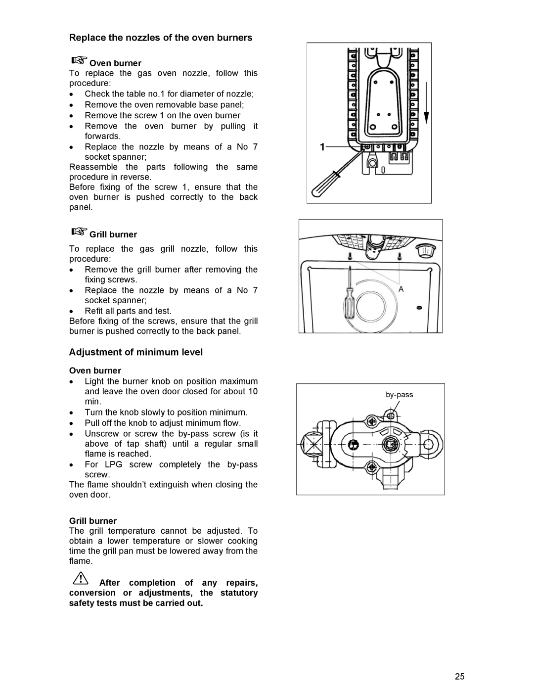 Electrolux SIG 233 manual Replace the nozzles of the oven burners, Adjustment of minimum level, Oven burner, Grill burner 