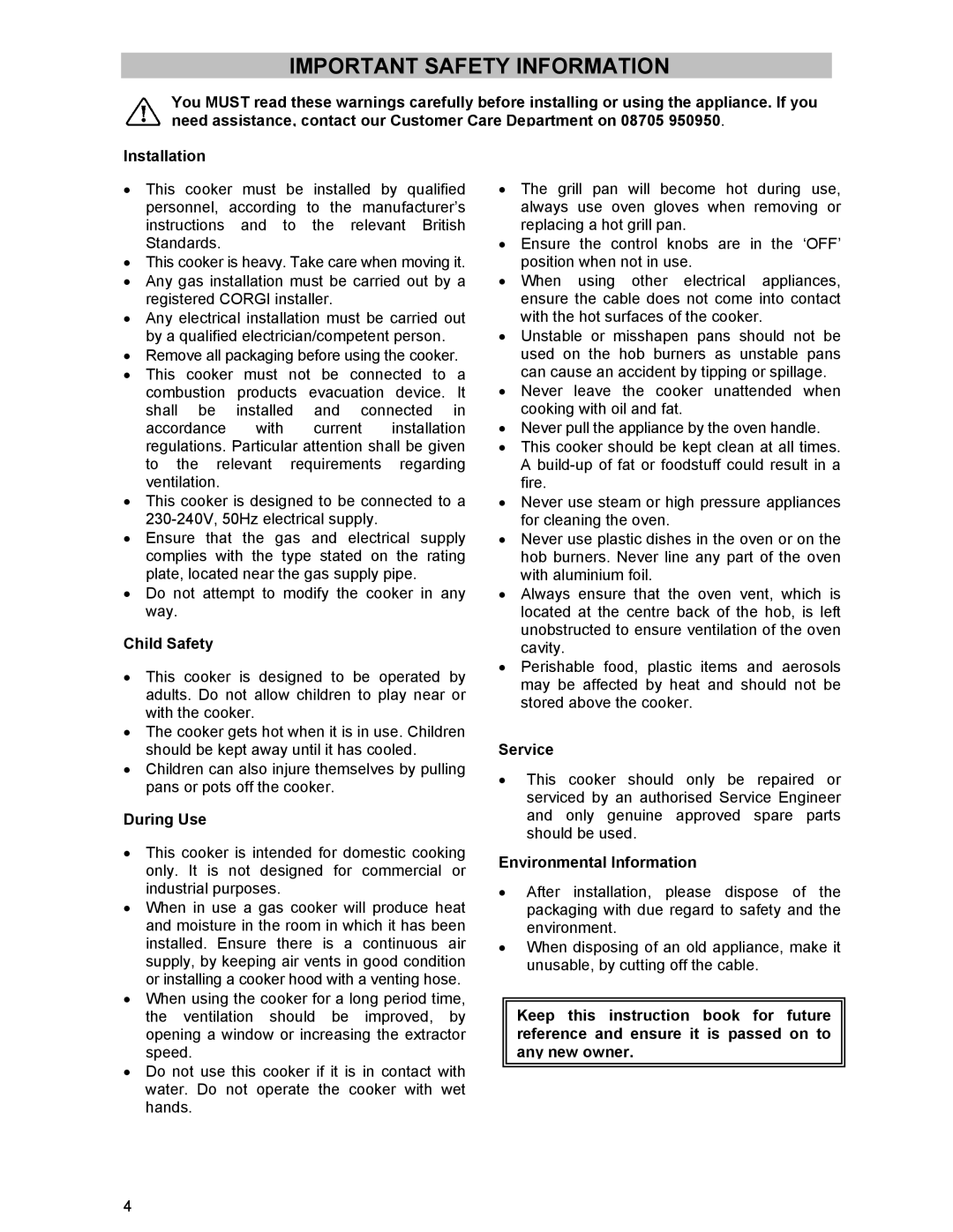 Electrolux SIG 233 manual Important Safety Information, Child Safety, During Use, Service, Environmental Information 