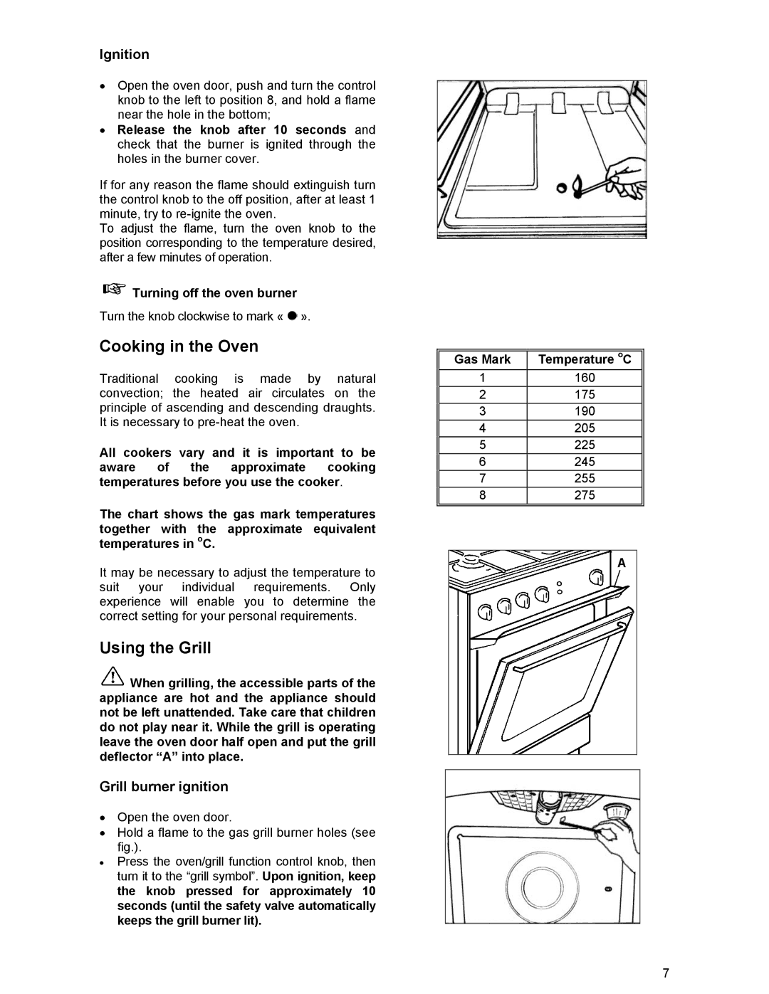 Electrolux SIG 233 manual Ignition, Grill burner ignition, Turning off the oven burner, Gas Mark 