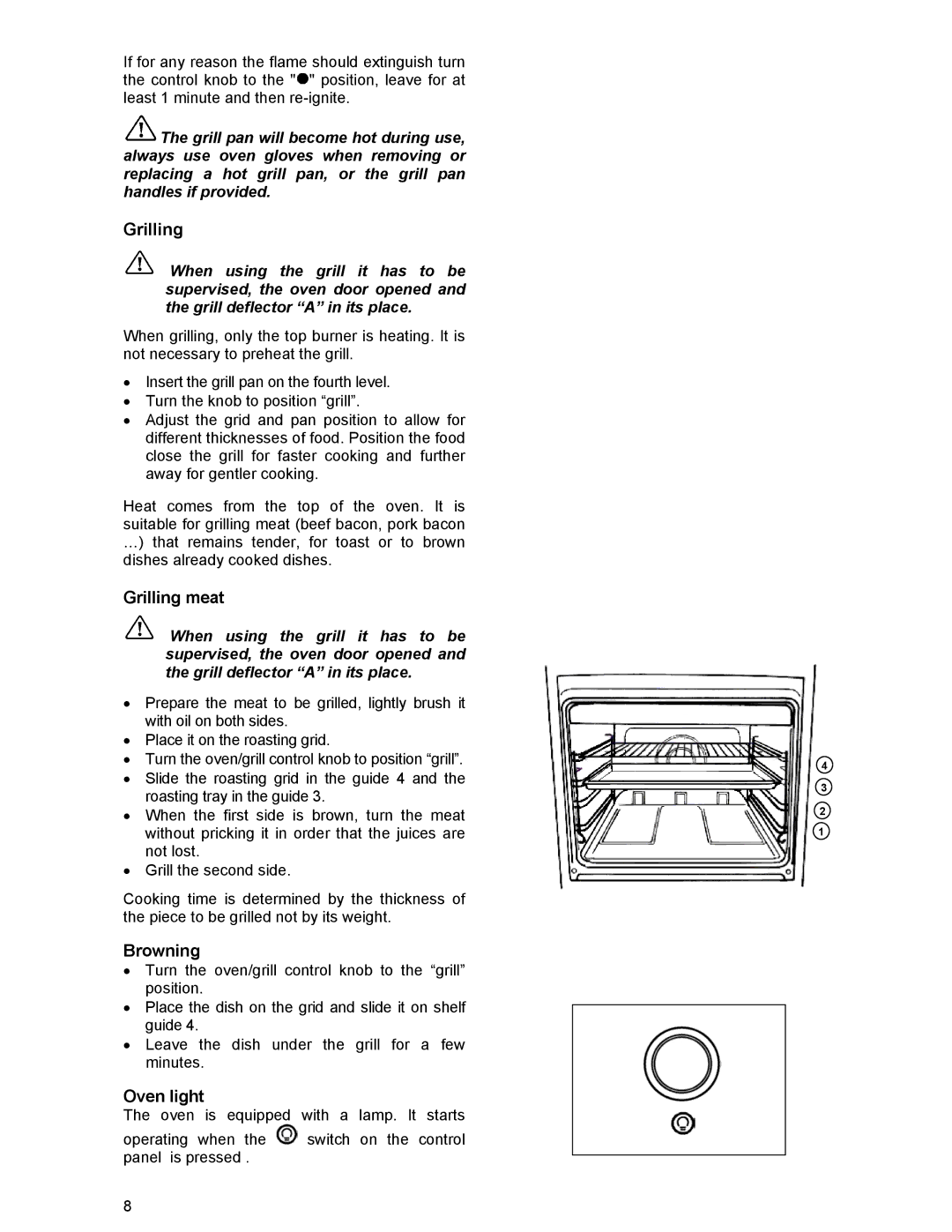 Electrolux SIG 233 manual Grilling meat, Browning, Oven light 