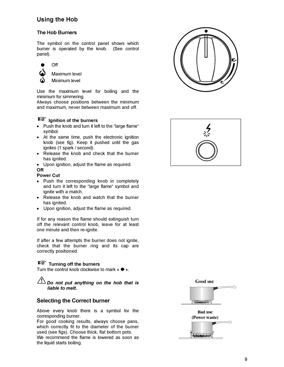 Electrolux SIG 233 manual Hob Burners, Ignition of the burners, Or Power Cut, Turning off the burners 