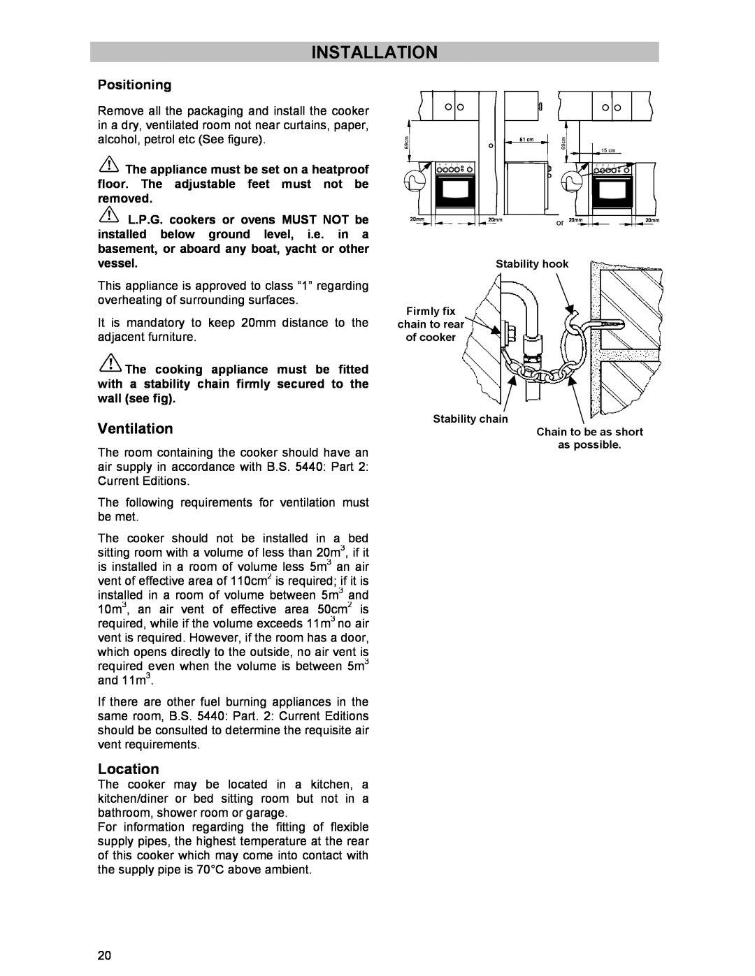 Electrolux SIG 233 manual Installation, Ventilation, Location, Positioning 