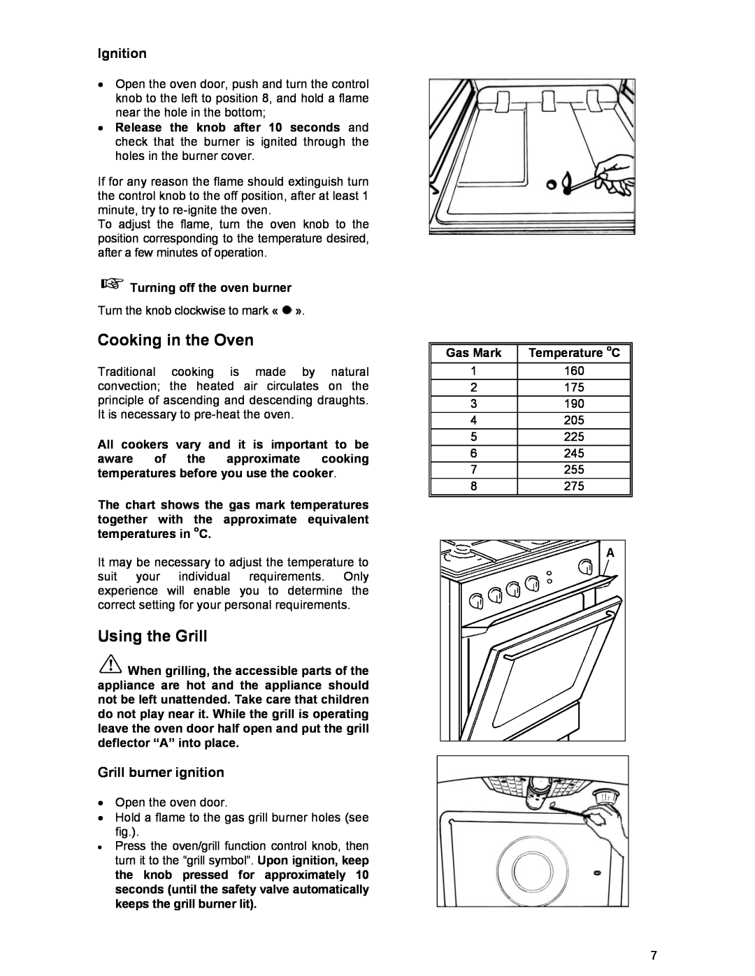 Electrolux SIG 233 manual Cooking in the Oven, Using the Grill, Ignition, Grill burner ignition 