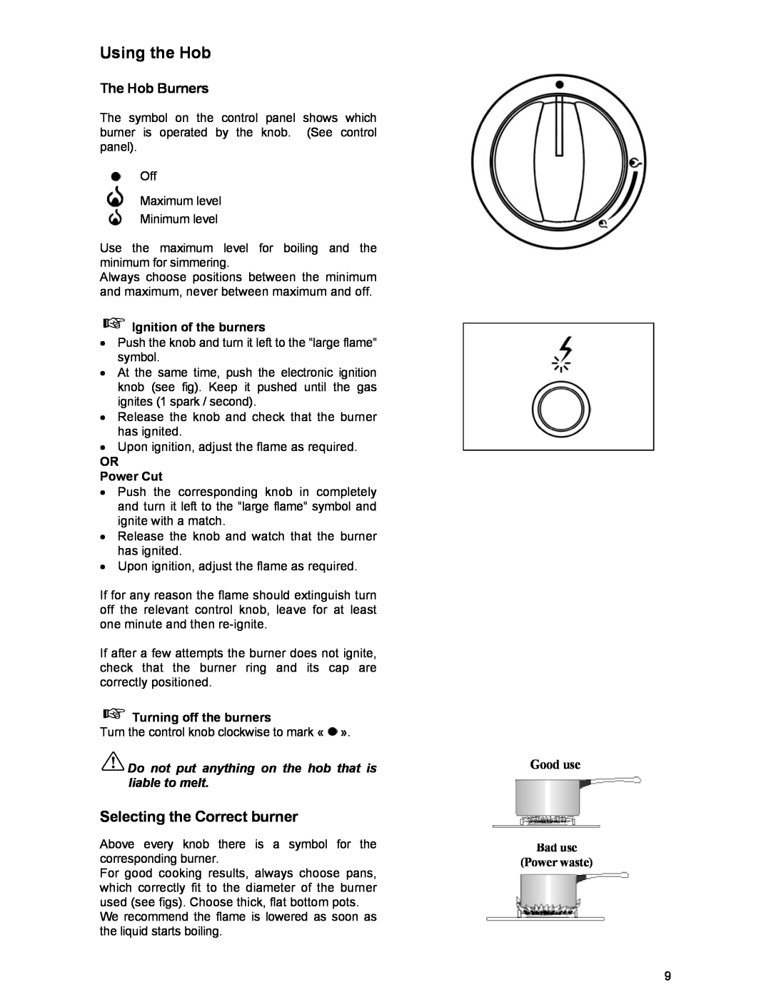 Electrolux SIG 233 manual Using the Hob, Selecting the Correct burner, The Hob Burners, Good use, Bad use Power waste 