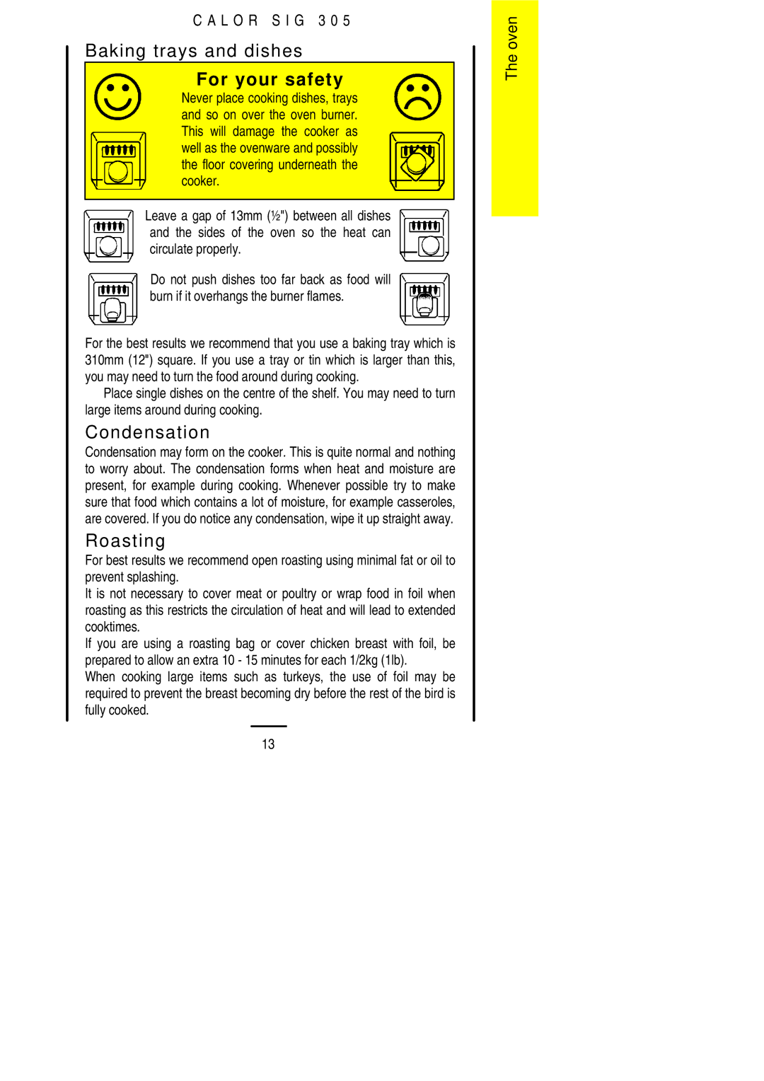 Electrolux SIG 305 installation instructions Baking trays and dishes, Condensation, Roasting 