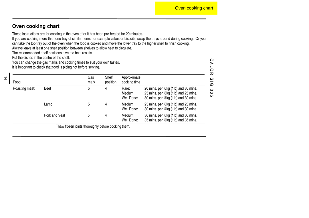 Electrolux SIG 305 installation instructions Oven cooking chart 