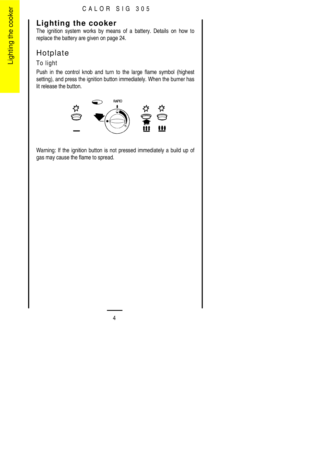 Electrolux SIG 305 installation instructions Lighting the cooker, Hotplate 