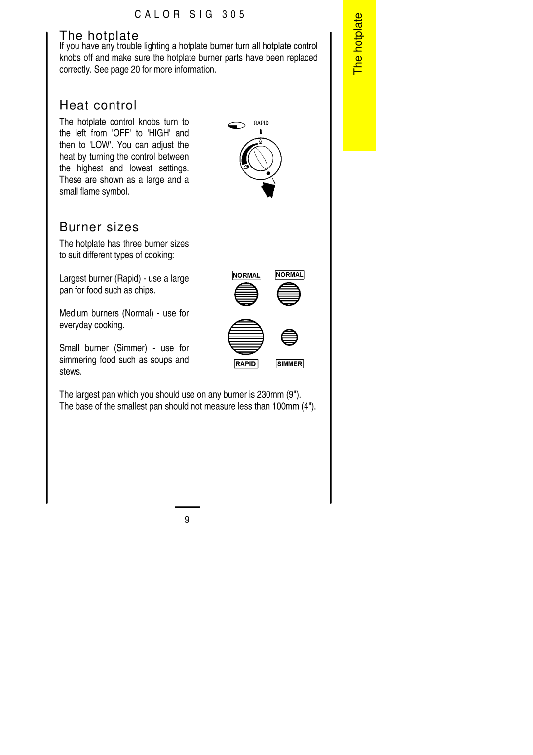 Electrolux SIG 305 installation instructions Hotplate, Burner sizes 