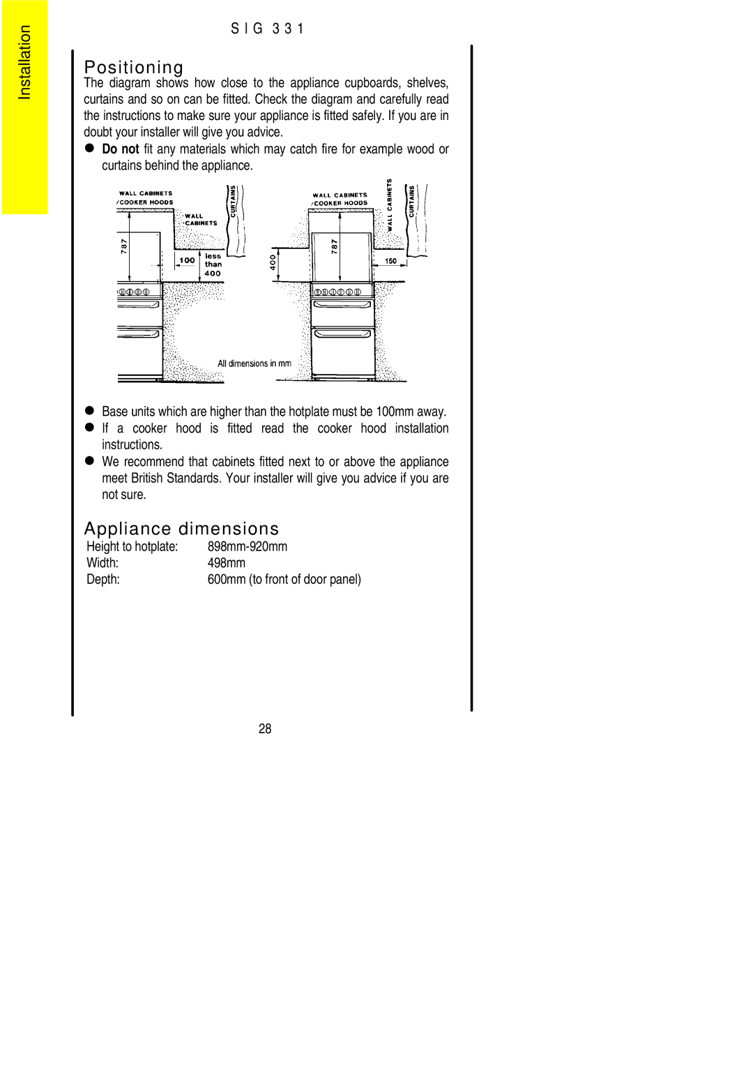 Electrolux SIG 331 Positioning, Appliance dimensions, Height to hotplate 898mm-920mm Width 498mm Depth 