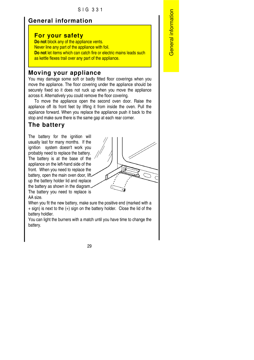 Electrolux SIG 331 installation instructions General information For your safety, Moving your appliance, Battery 