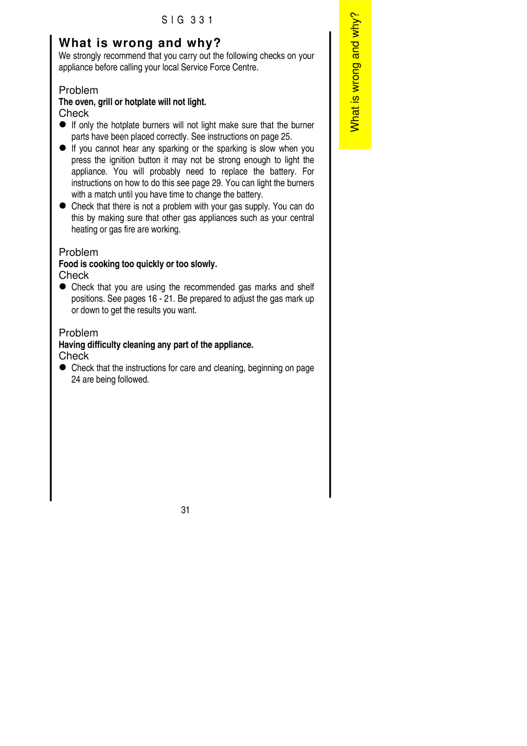 Electrolux SIG 331 installation instructions What is wrong and why?, Check 