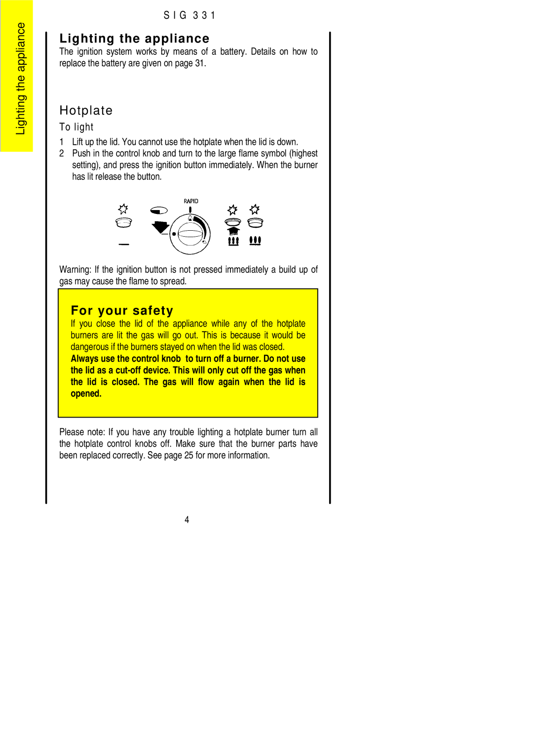 Electrolux SIG 331 installation instructions Lighting the appliance, Hotplate 