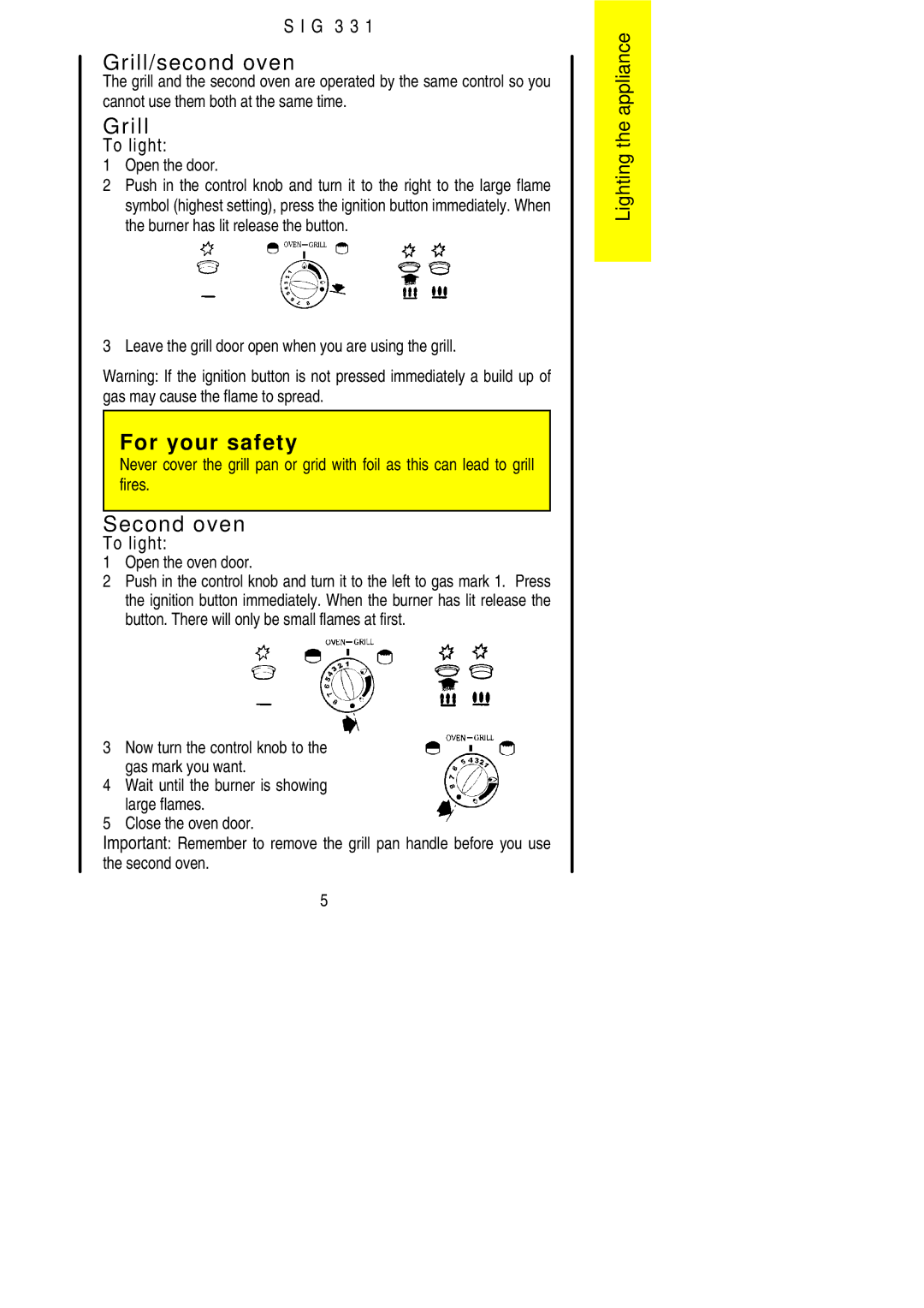 Electrolux SIG 331 installation instructions Grill/second oven, Second oven 