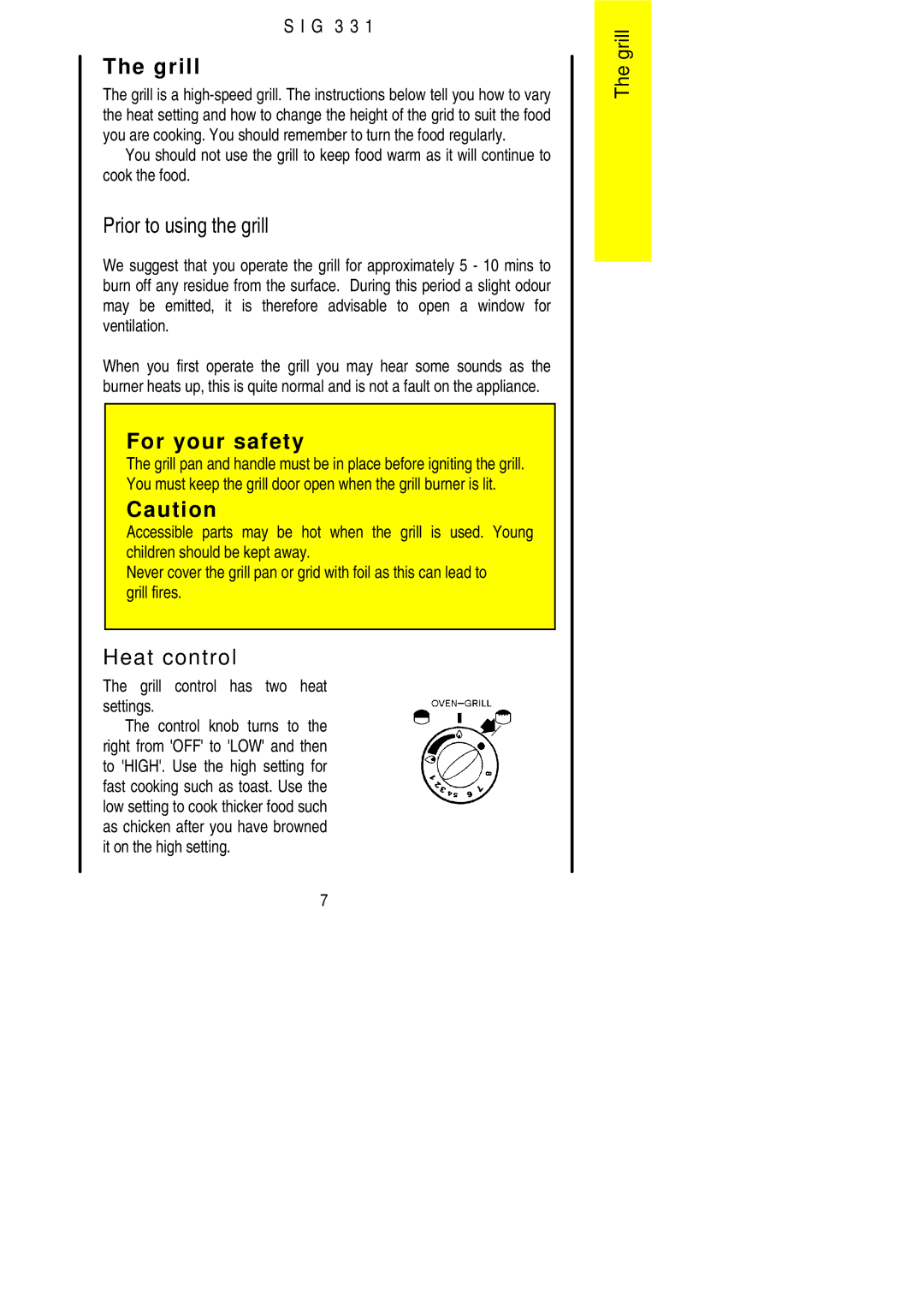 Electrolux SIG 331 Prior to using the grill, Heat control, Grill control has two heat settings 