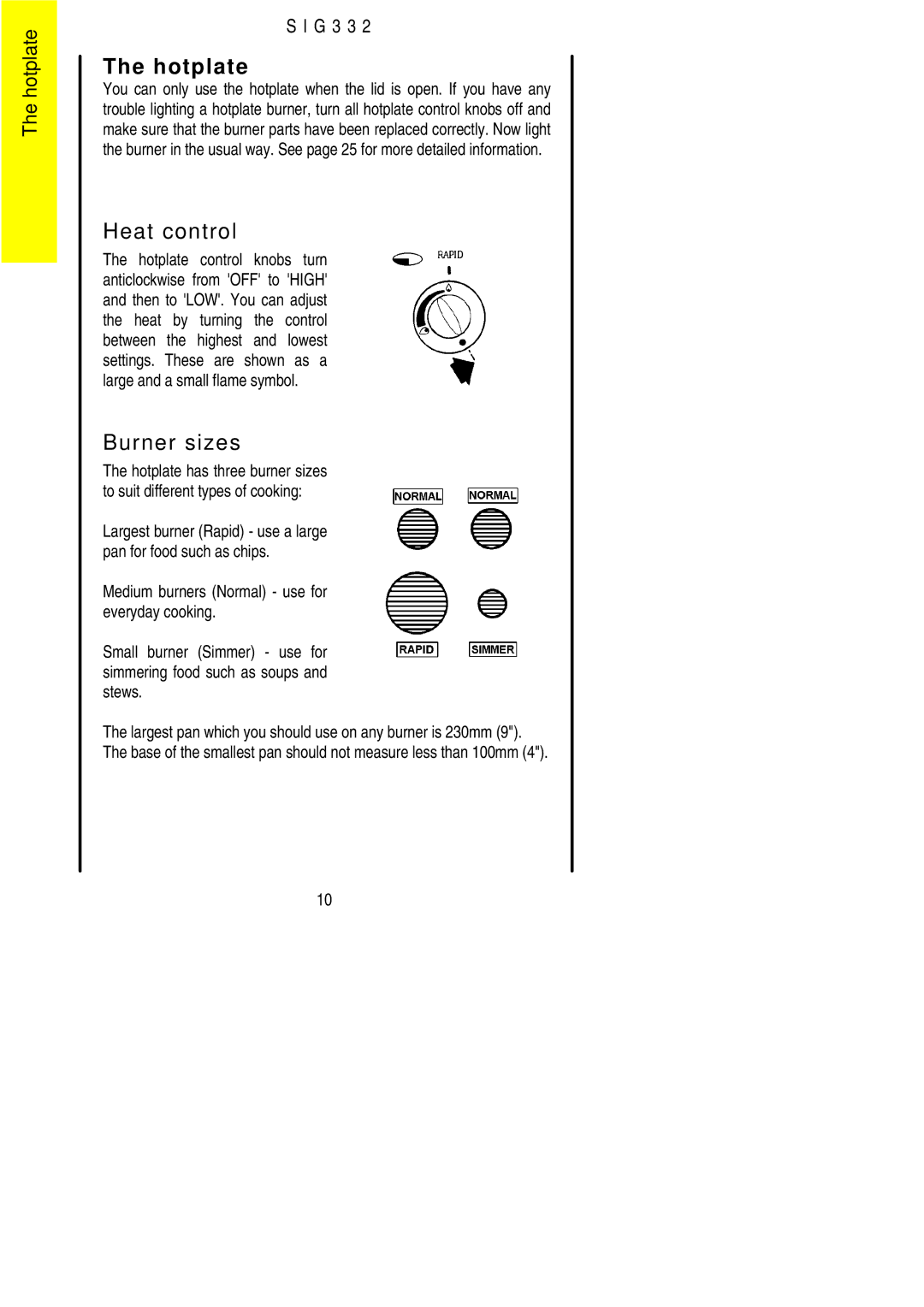 Electrolux SIG 332 installation instructions Hotplate, Burner sizes 