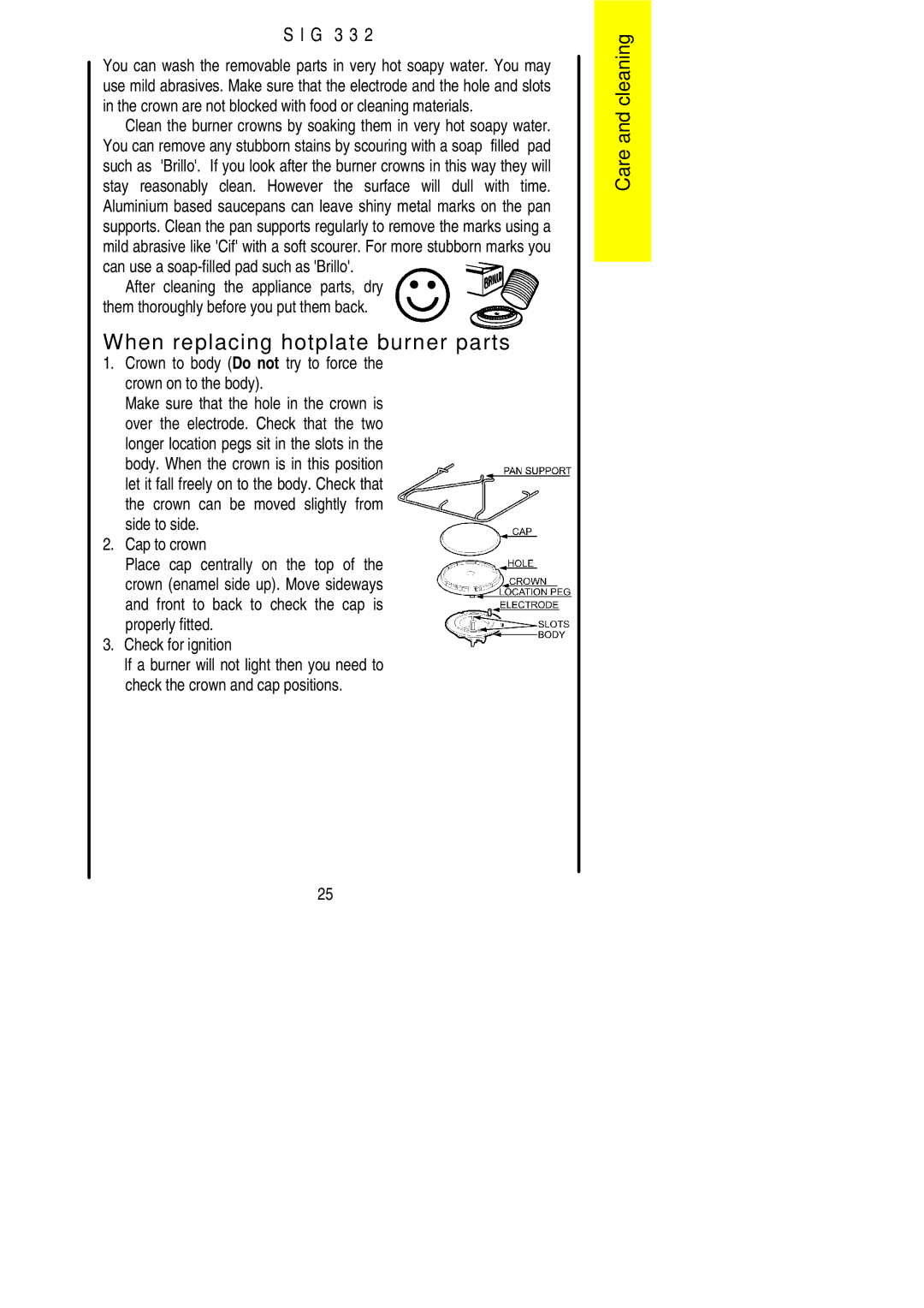 Electrolux SIG 332 When replacing hotplate burner parts, Crown to body Do not try to force the crown on to the body 