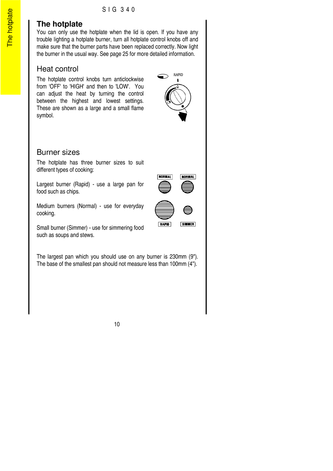 Electrolux SIG 340 installation instructions Hotplate, Burner sizes 