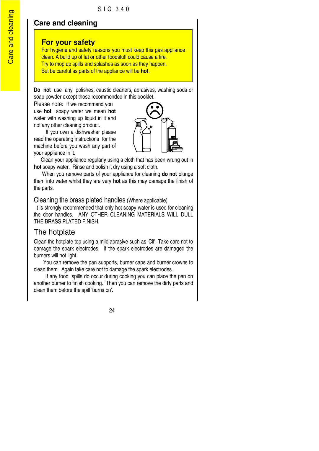Electrolux SIG 340 Care and cleaning For your safety, Cleaning the brass plated handles Where applicable 