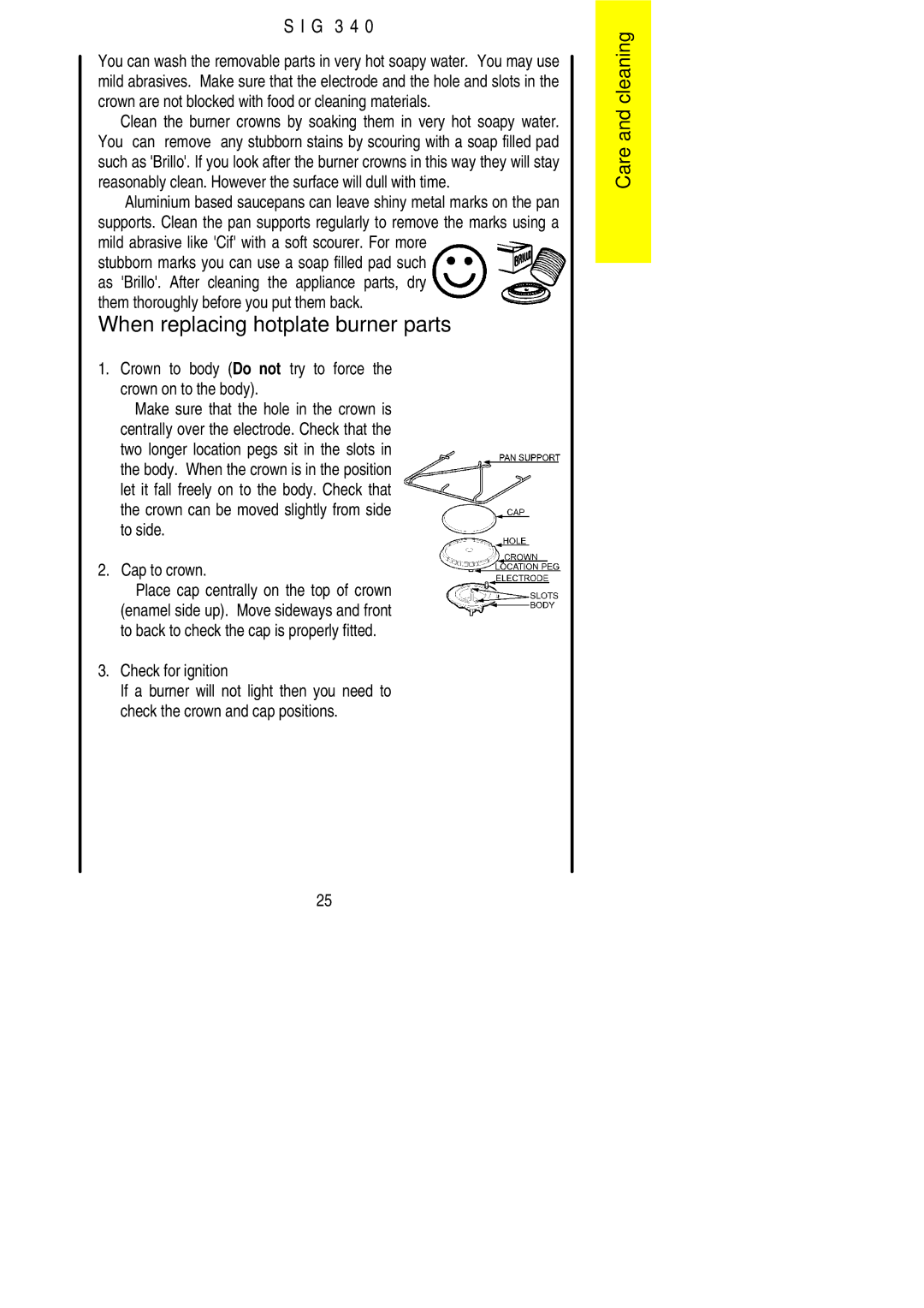 Electrolux SIG 340 When replacing hotplate burner parts, Crown to body Do not try to force the crown on to the body 