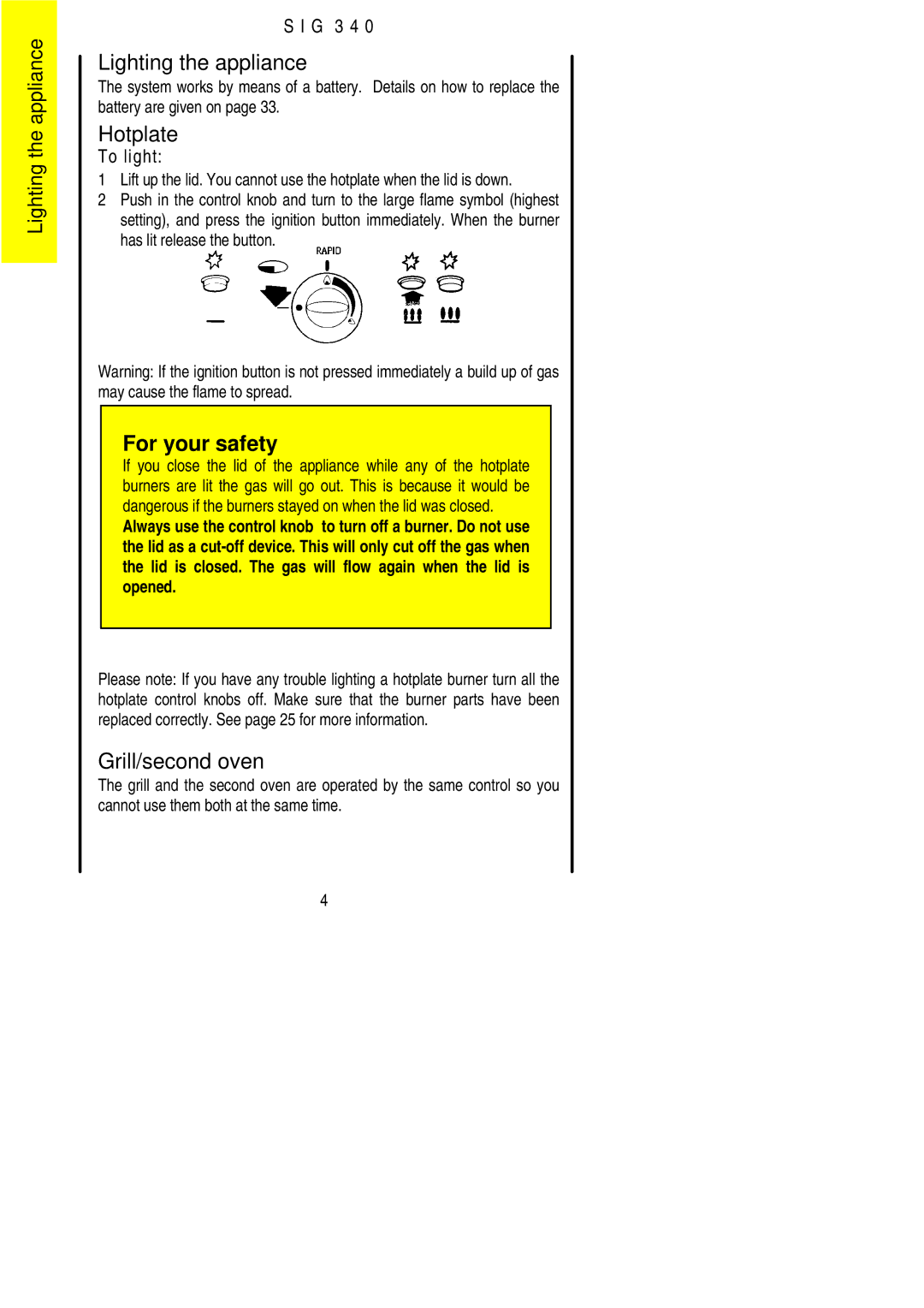 Electrolux SIG 340 installation instructions Lighting the appliance, Hotplate, Grill/second oven 