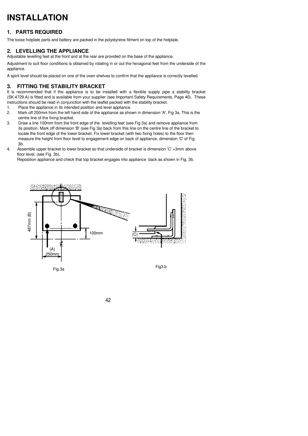 Electrolux SIG 340 installation instructions Parts Required, Levelling the Appliance, Fitting the Stability Bracket 