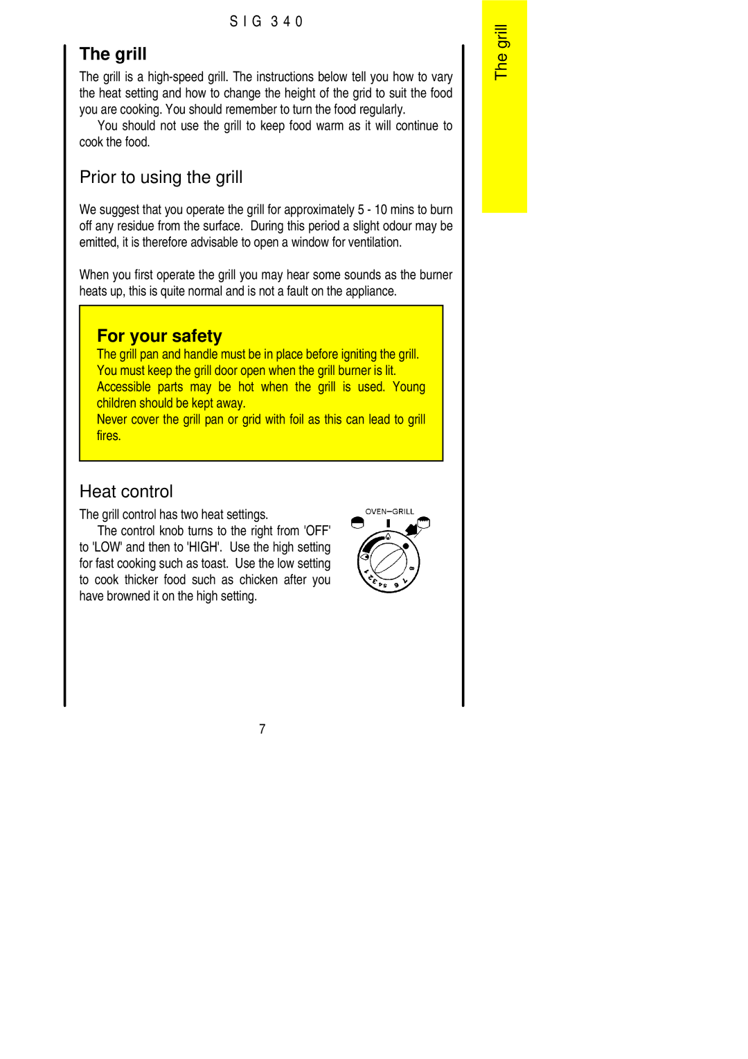 Electrolux SIG 340 Prior to using the grill, Heat control, Grill control has two heat settings 