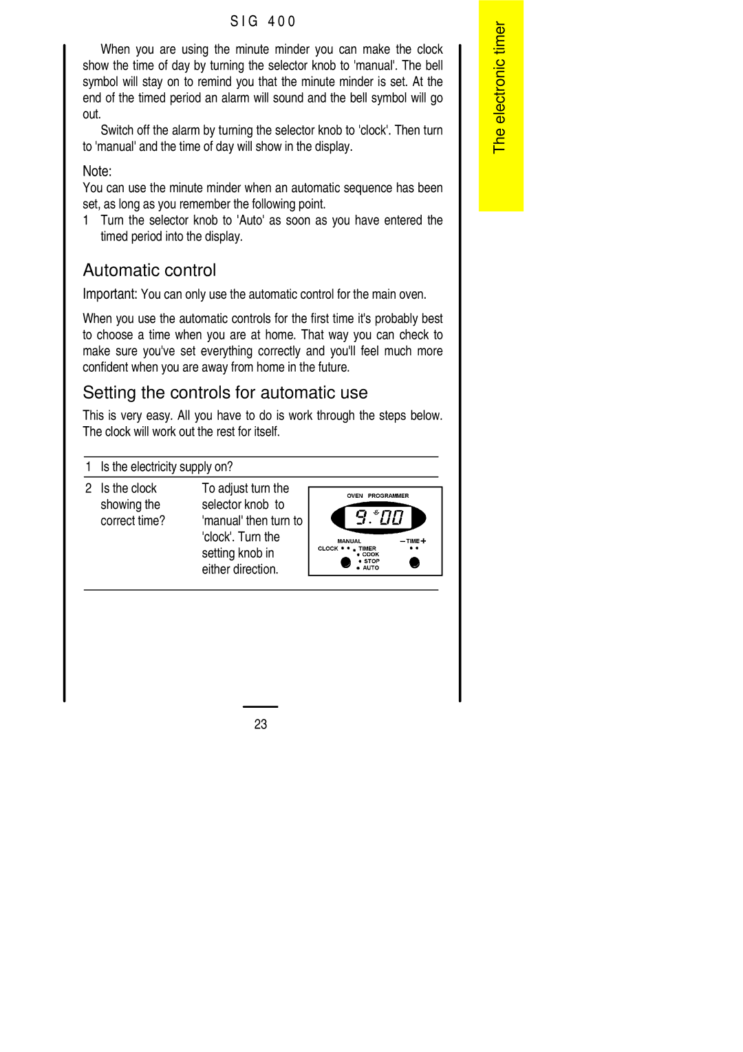 Electrolux SIG 400 Automatic control, Setting the controls for automatic use, Clock. Turn Setting knob Either direction 