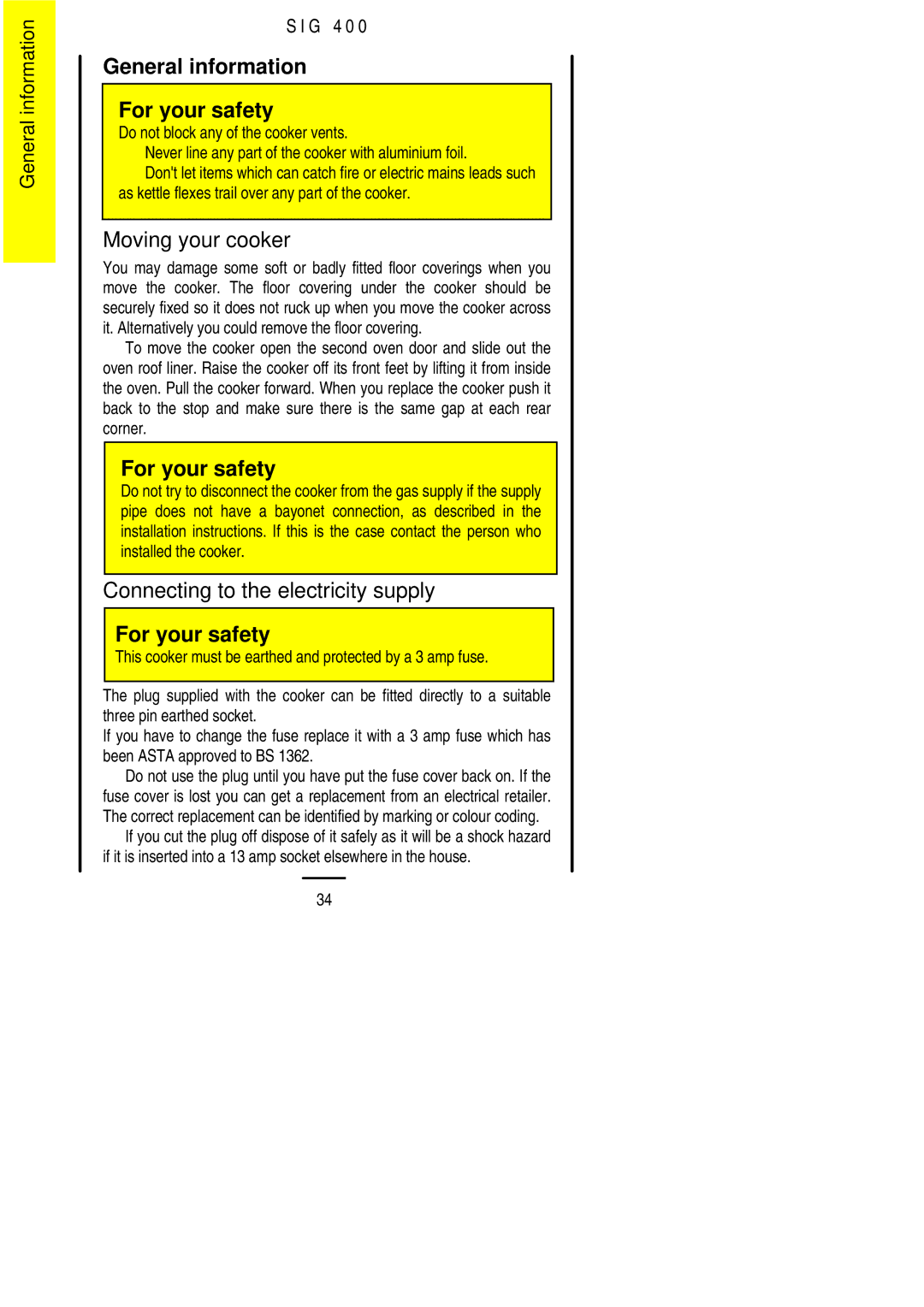 Electrolux SIG 400 General information For your safety, Moving your cooker, Connecting to the electricity supply 