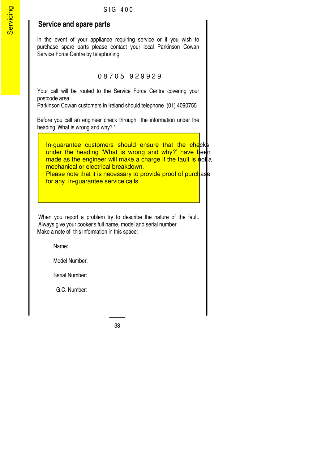 Electrolux SIG 400 installation instructions Service and spare parts, 7 0 5 9 2 9 9 2 