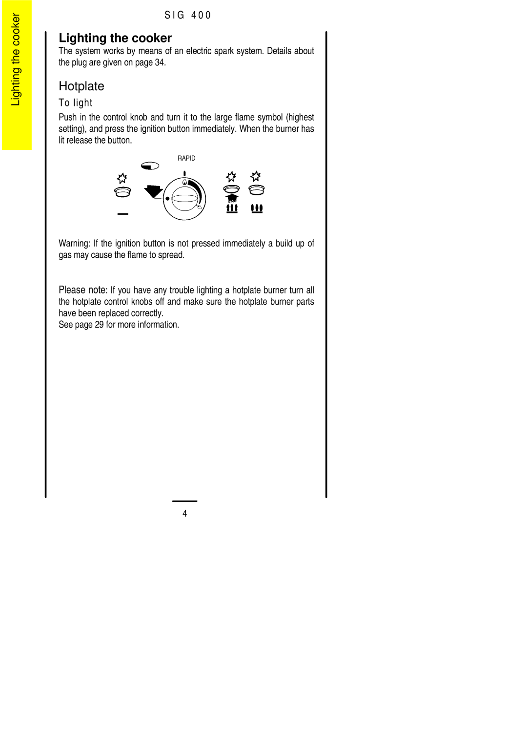 Electrolux SIG 400 installation instructions Lighting the cooker, Hotplate 