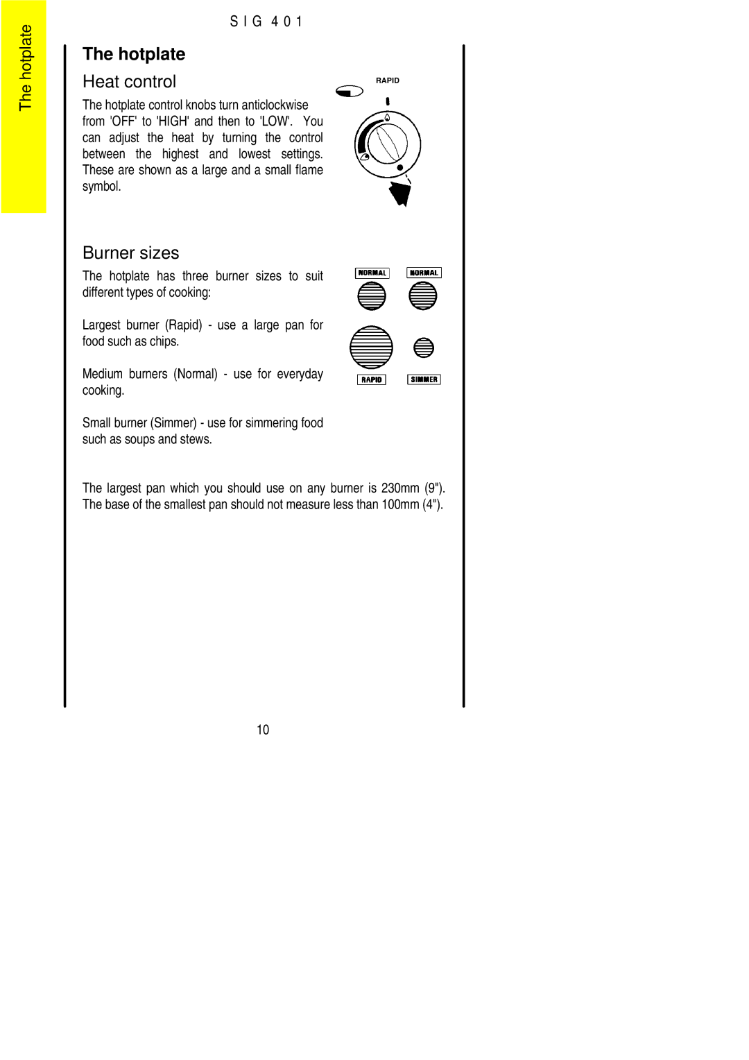 Electrolux SIG 401 installation instructions Hotplate Heat control, Burner sizes 